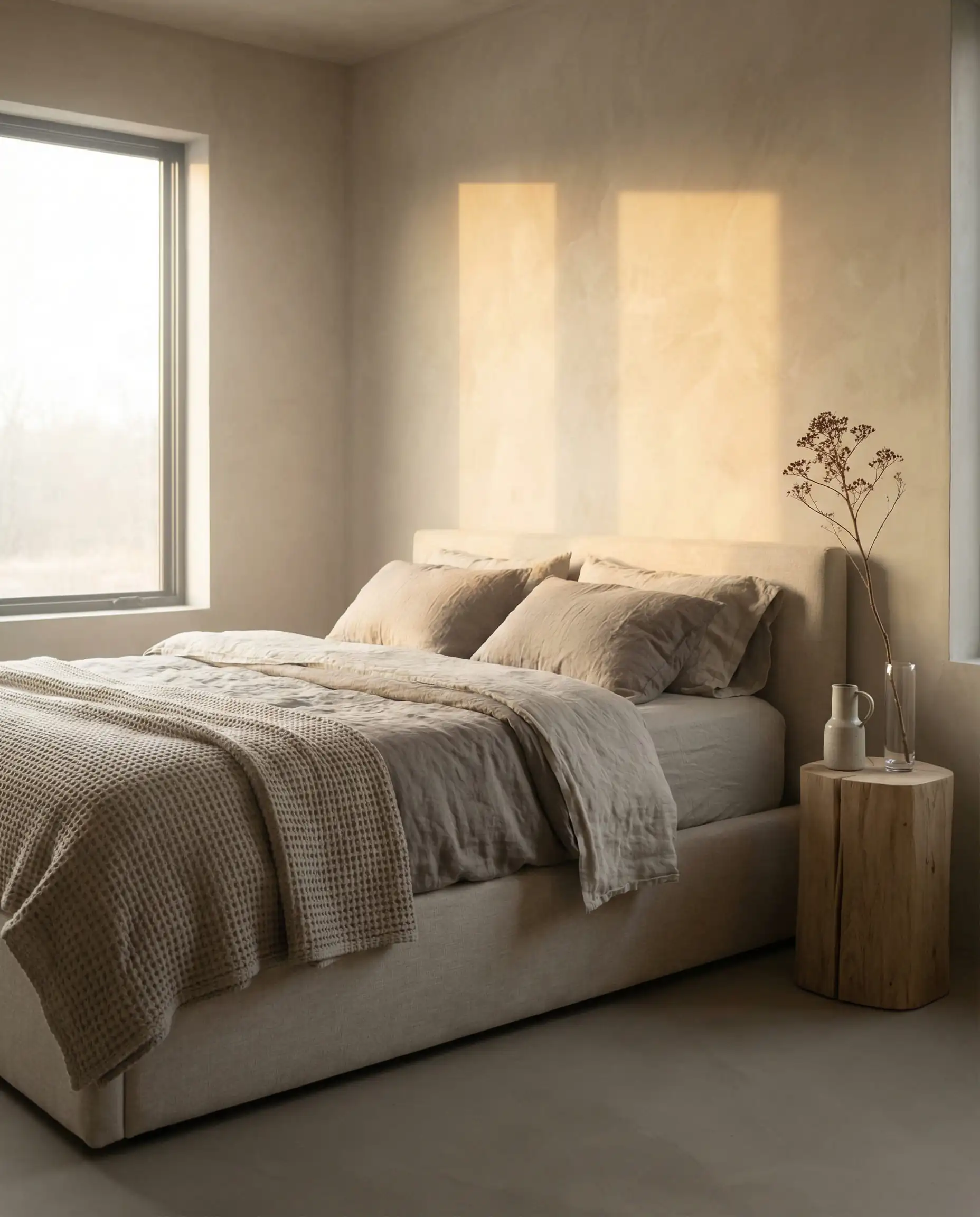 Serene farmhouse bedroom painted in monochromatic mushroom and putty tones with linen bedding.