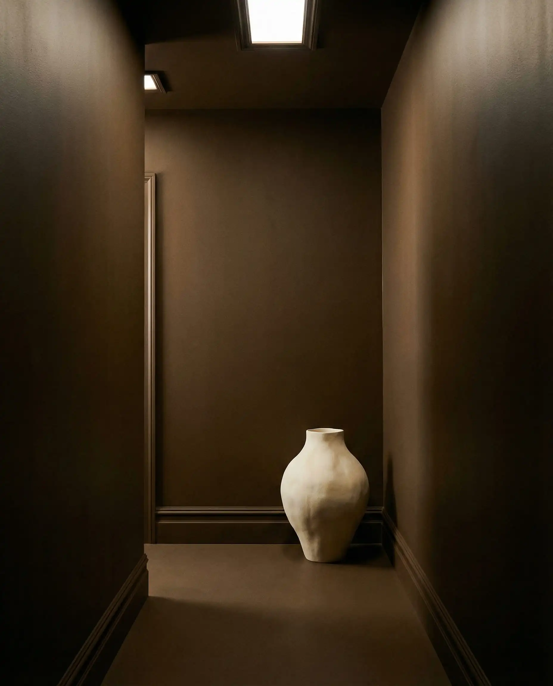 A hallway 'Color Drenched' in a deep, matte, muddy brown. This hallway features Deep muddy brown, matte black, and pale cream tones and a dramatic, grounded, substantial atmosphere.