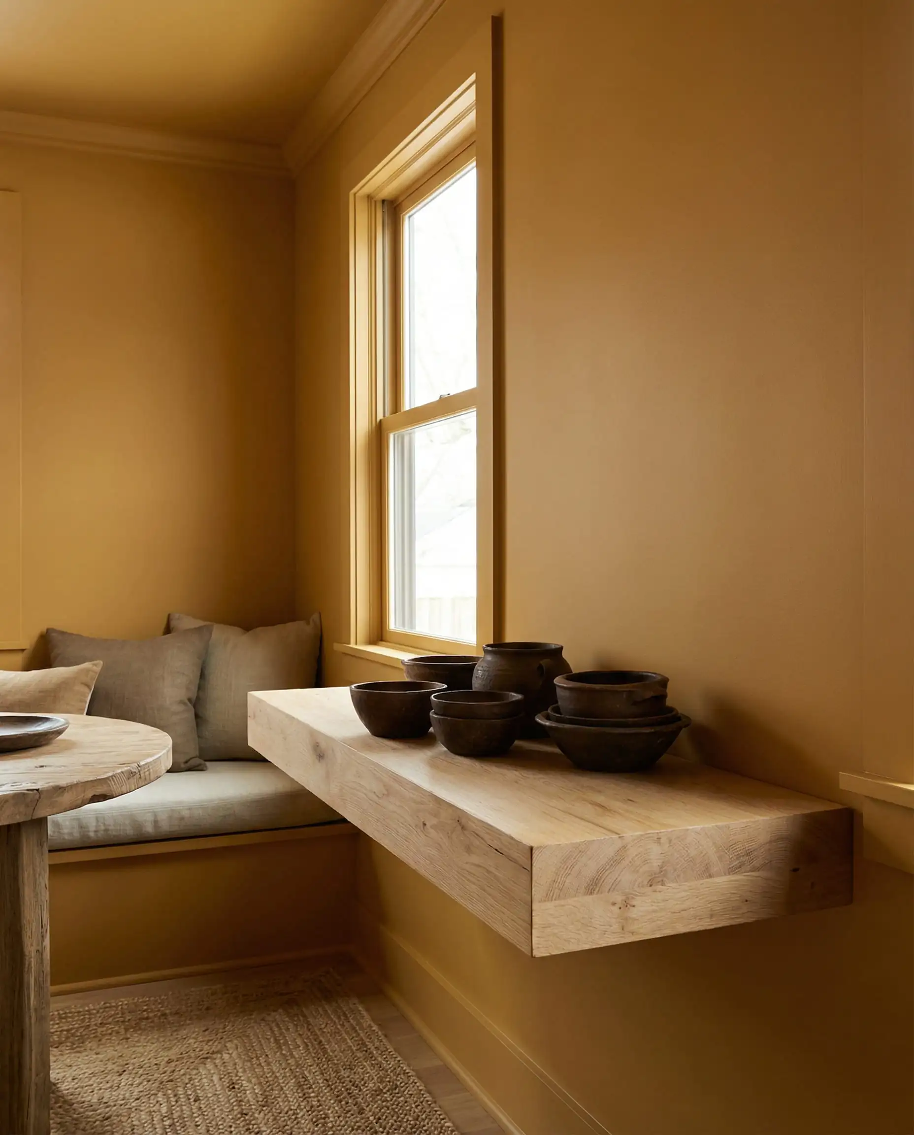 A serene kitchen nook with walls 'Color Drenched' in a rich, matte ochre/mustard tone. This kitchen features Rich ochre, natural light wood, and dark brown earthenware tones and a grounded, earth tones, sustainable design atmosphere.