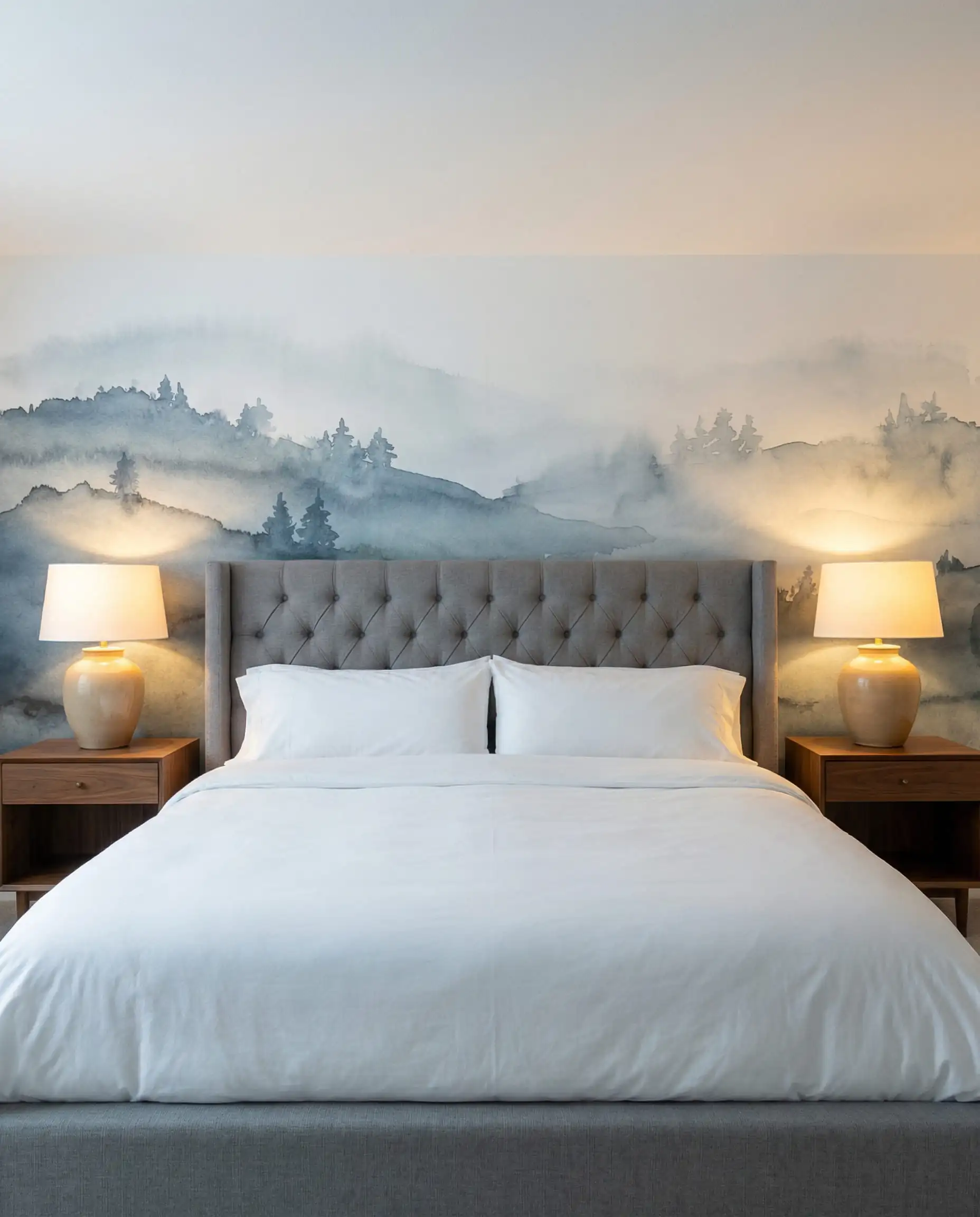 Vue symétrique de chambre avec une murale de paysage à l'aquarelle bleue apaisante derrière un lit capitonné gris.