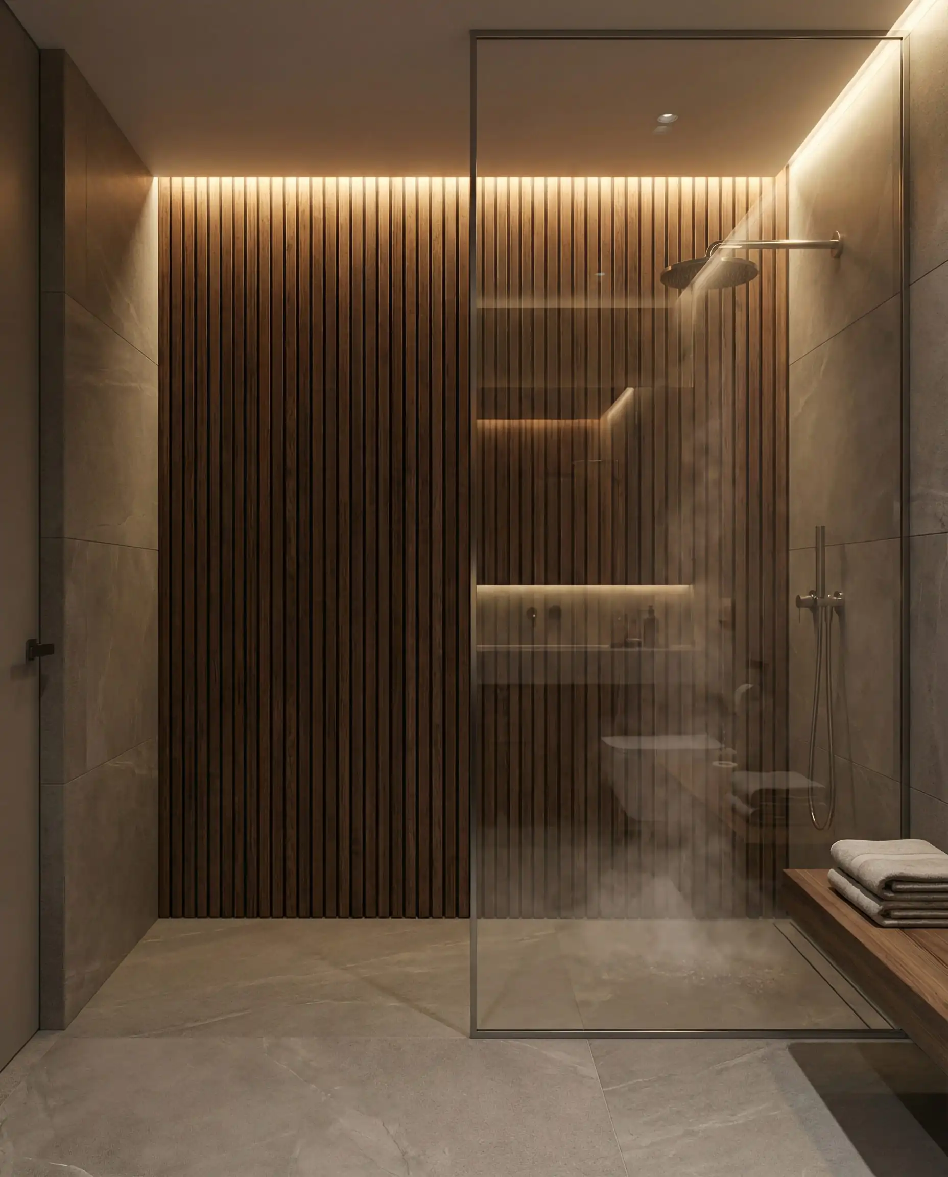 Un espace douche serein où le mur du fond est revêtu de lattes étroites et verticales de Thermowood traité thermiquement (un bois résistant à l'humidité).