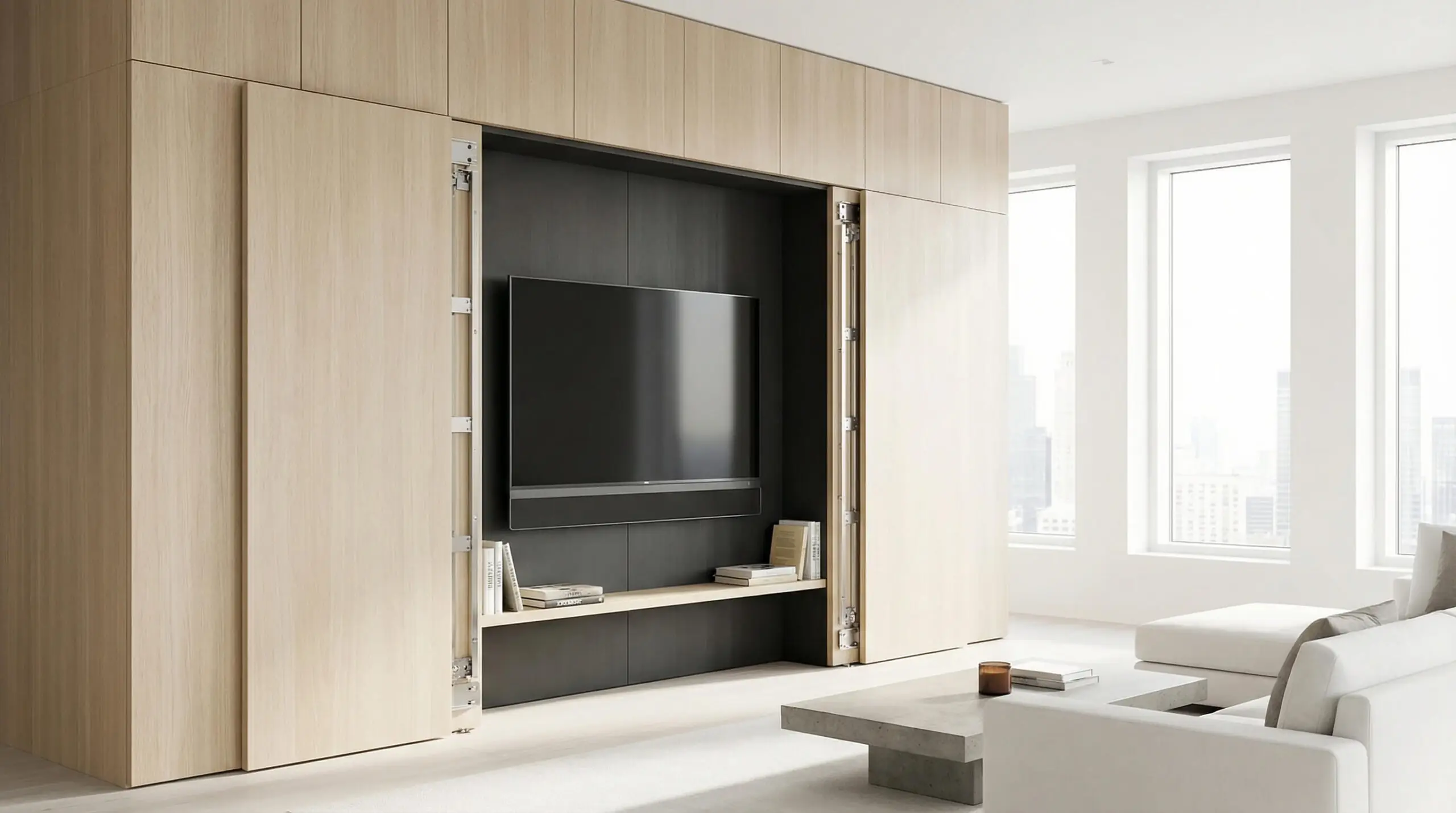 Floor-to-ceiling white oak cabinetry with retractable pocket doors revealing a hidden dark niche for the TV.