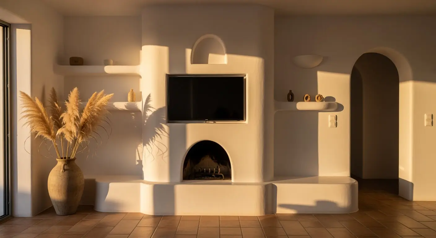 Hand-troweled white plaster media wall with soft organic curves and an arched fireplace niche in a Mediterranean style room.