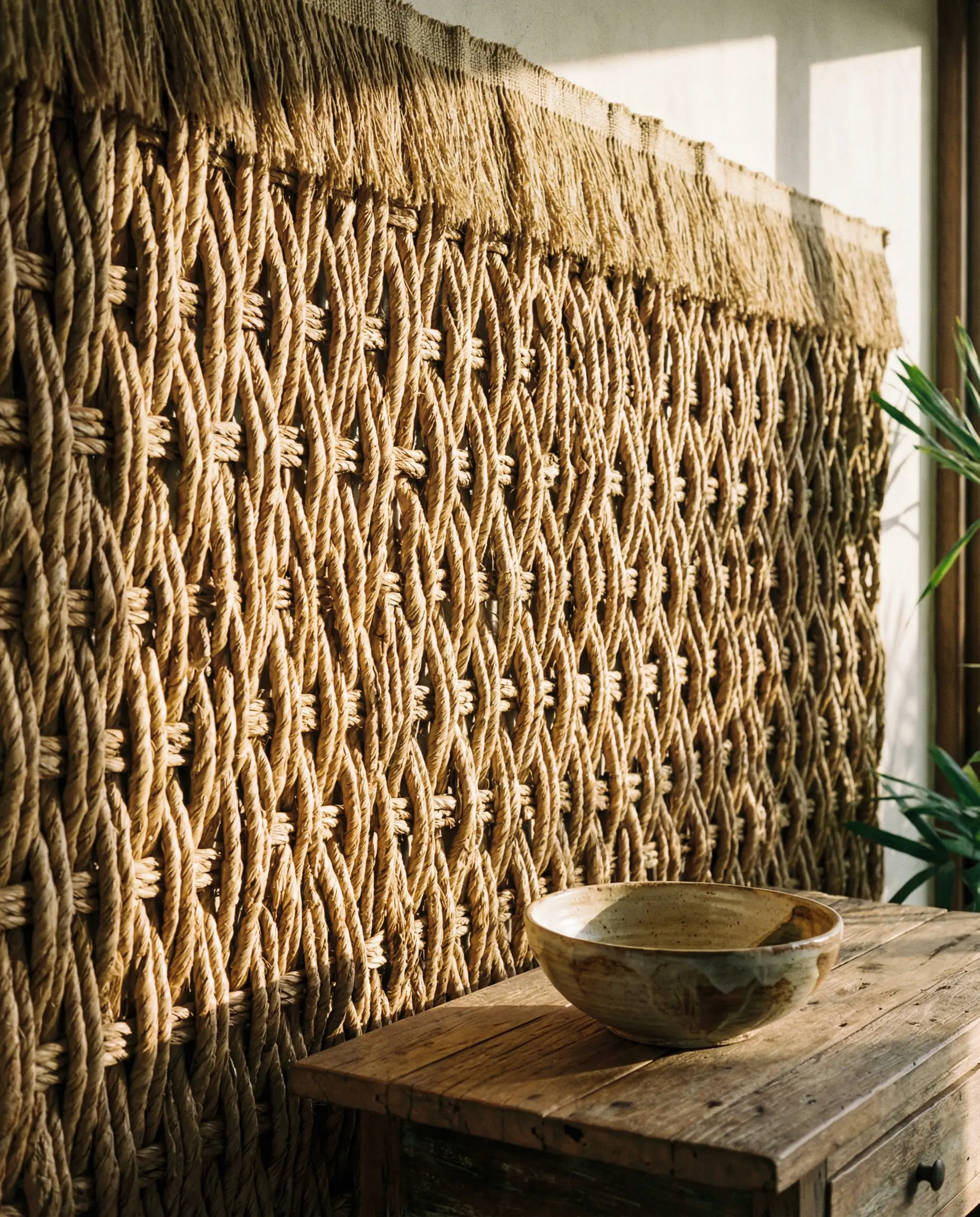 Wall covered in woven dried bamboo fiber wallpaper with grazing light highlighting the organic ridges.