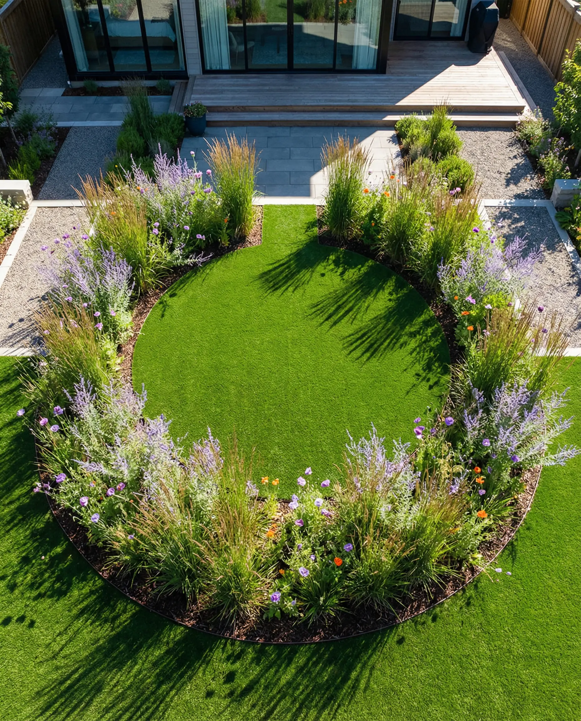 Aerial view of a garden design showing a small circular lawn surrounded by wild ornamental grasses and flowers.