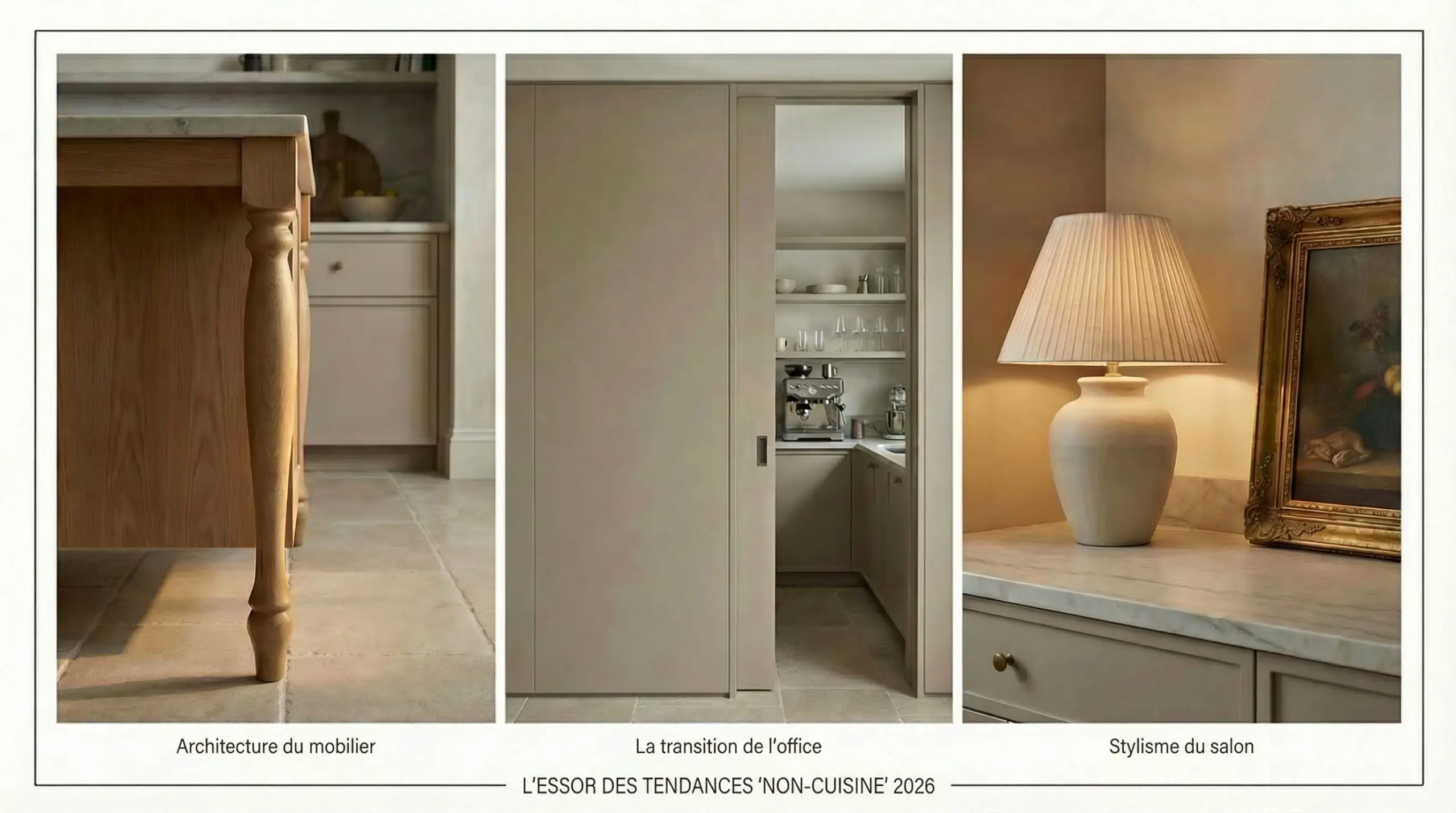 Triptyque à trois panneaux montrant la tendance "Un-Kitchen" : Le panneau de gauche montre un îlot de cuisine sur pieds en bois tourné; le panneau du milieu révèle une arrière-cuisine cachée derrière des portes escamotables; le panneau de droite montre un comptoir de cuisine décoré avec une lampe de table et de l'art.