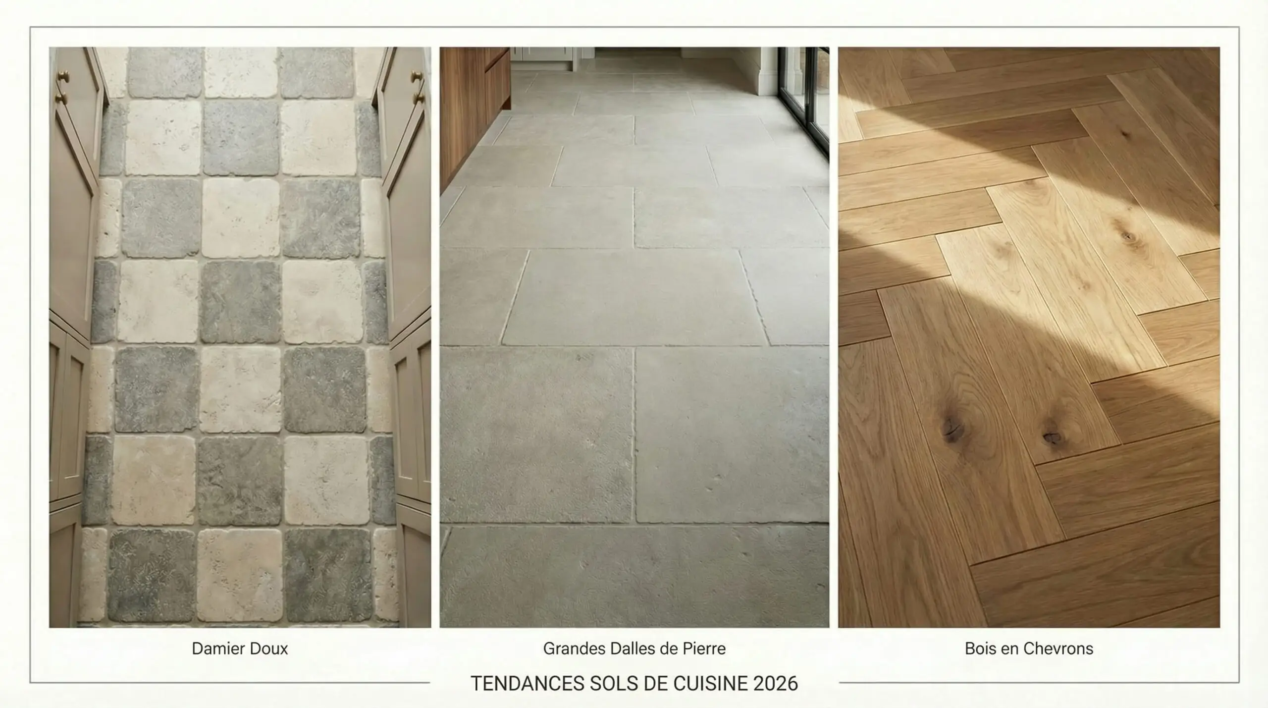 Triptyque des tendances de revêtement de sol 2026 : La gauche montre un motif de damier en calcaire doux et travertin; le milieu montre de grandes dalles de calcaire sans joint; la droite montre du bois franc de chêne blanc chaud en motif à chevrons.