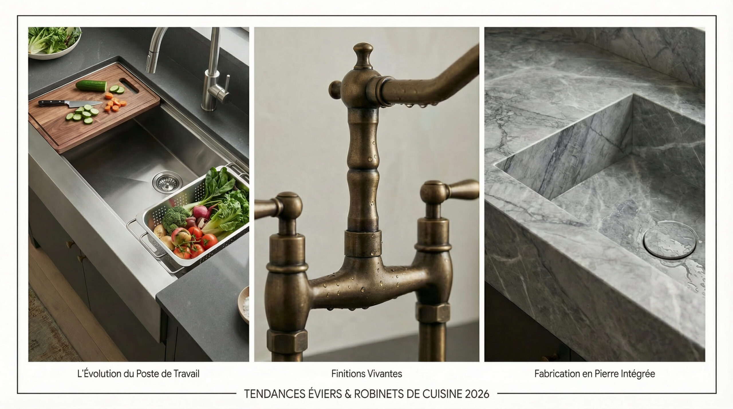 Triptyque des tendances d'évier et de robinet 2026 : La gauche montre un grand évier poste de travail en acier inoxydable avec des accessoires de planche à découper; le milieu montre un gros plan d'un robinet en laiton non laqué avec une patine développée; la droite montre un évier fabriqué sans couture à partir du même marbre gris que le comptoir.
