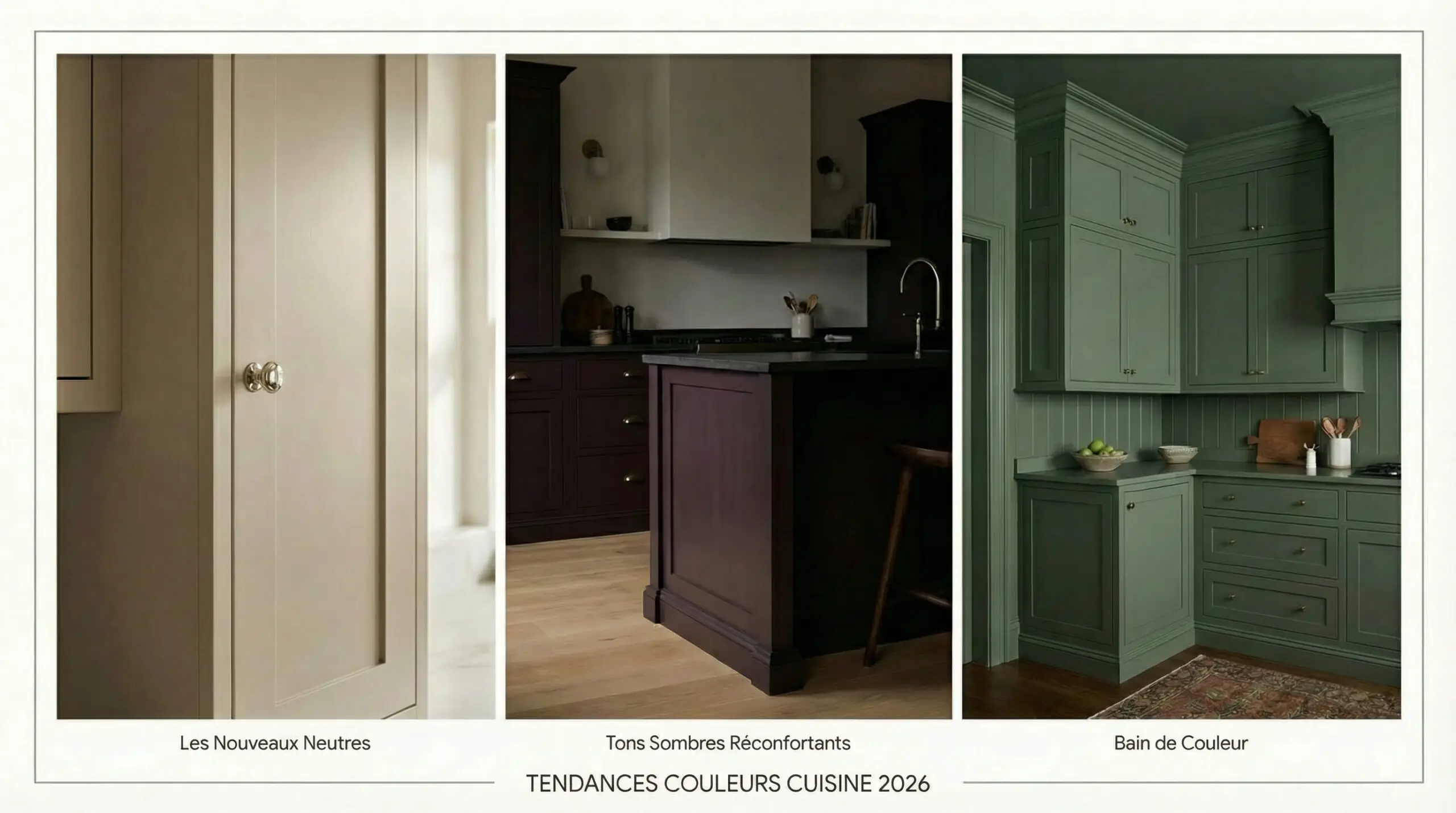 Triptyque des tendances de couleurs de cuisine 2026 : La gauche montre des armoires taupe champignon chaudes; le milieu montre un îlot aubergine foncé; la droite montre une cuisine avec les murs, le plafond et les moulures saturés d'une teinte terre cuite.