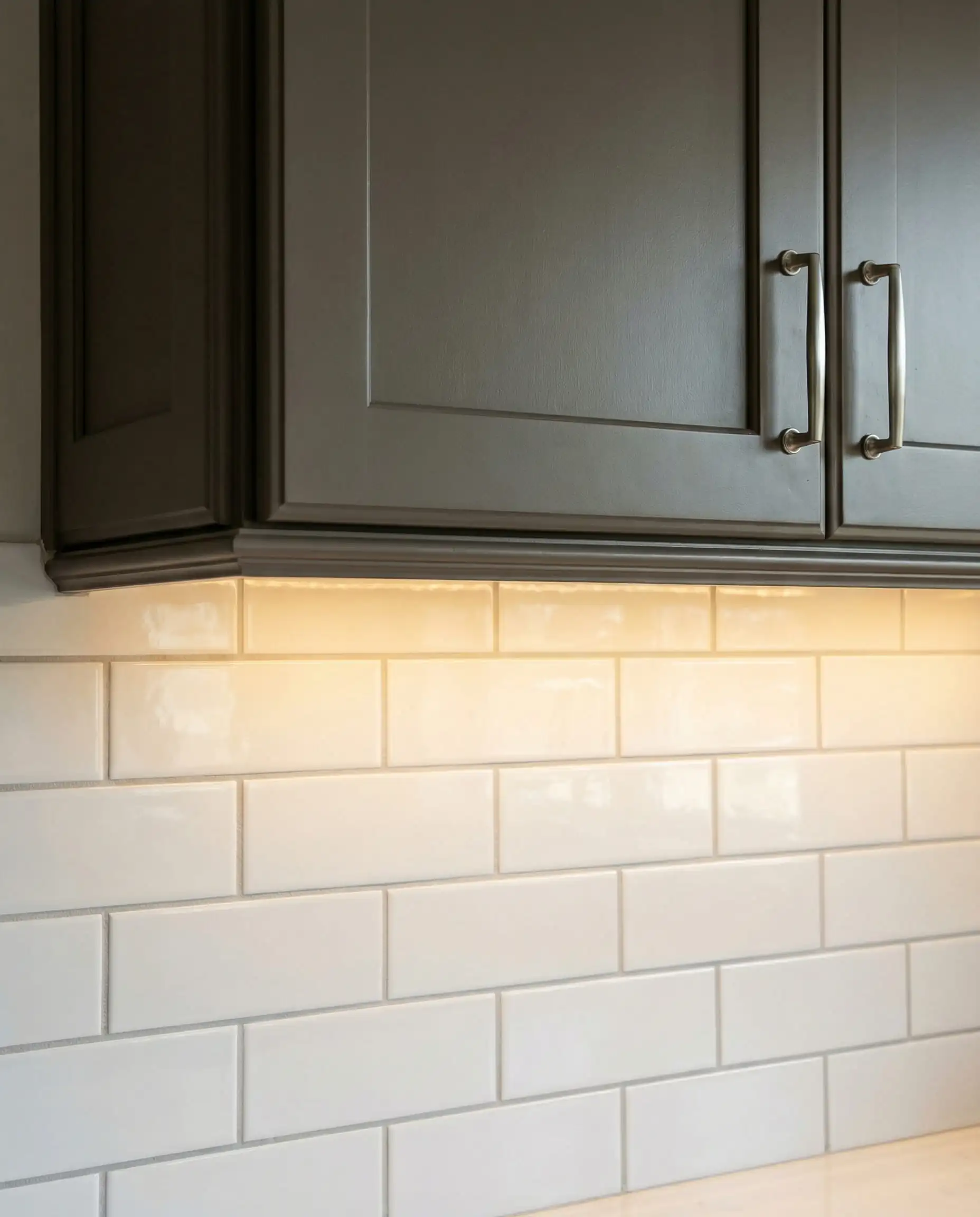 Upper kitchen cabinet painted in Sherwin-Williams Accessible Beige next to white subway tile to show color depth.