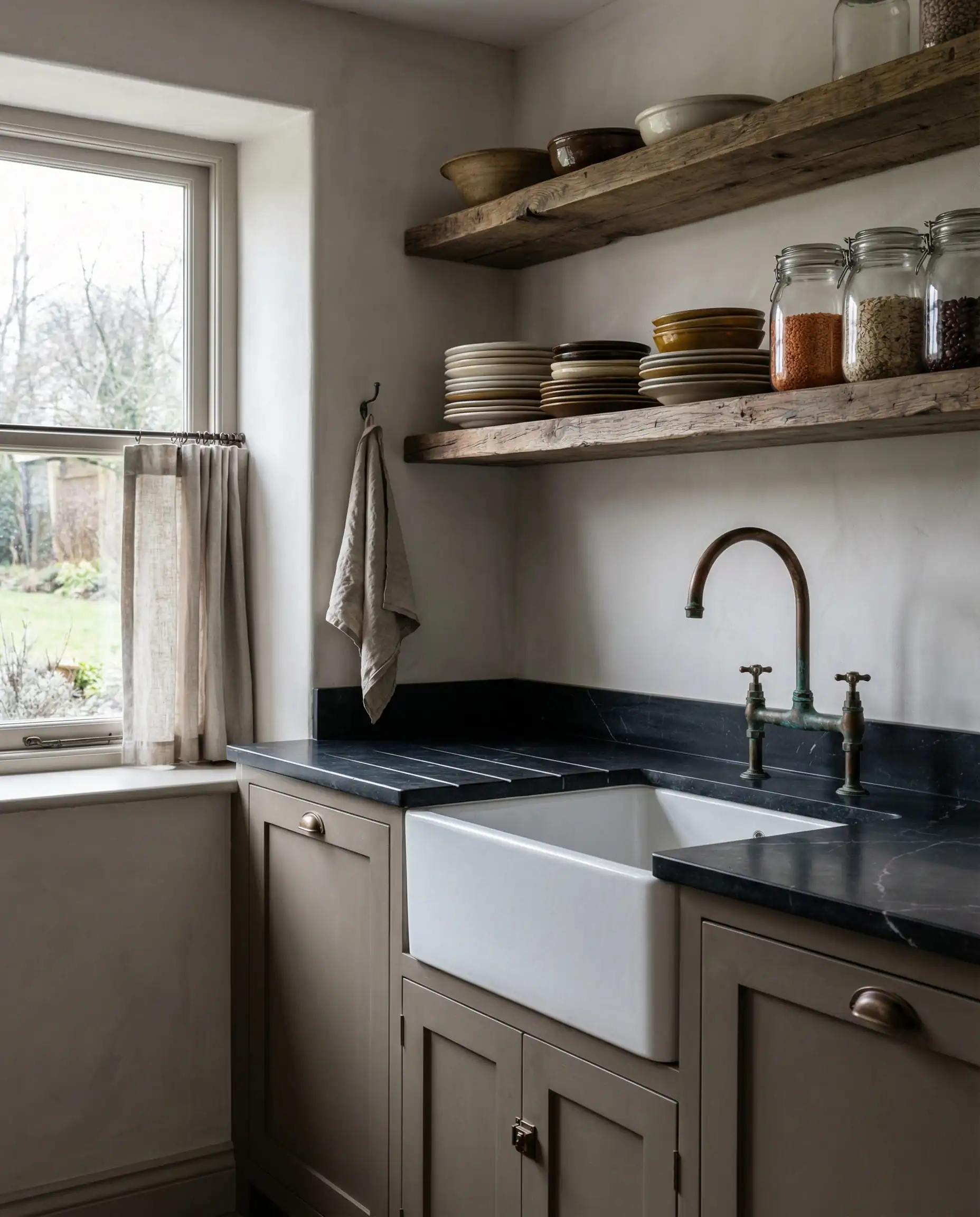 North-facing kitchen featuring Sherwin-Williams Accessible Beige SW 7036 cabinets and soapstone countertops.