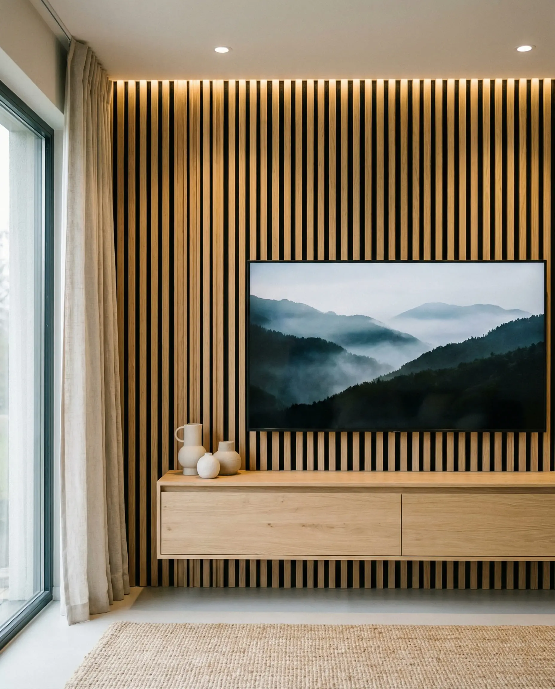 Vertical acoustic wood slat wall behind a floating media console.