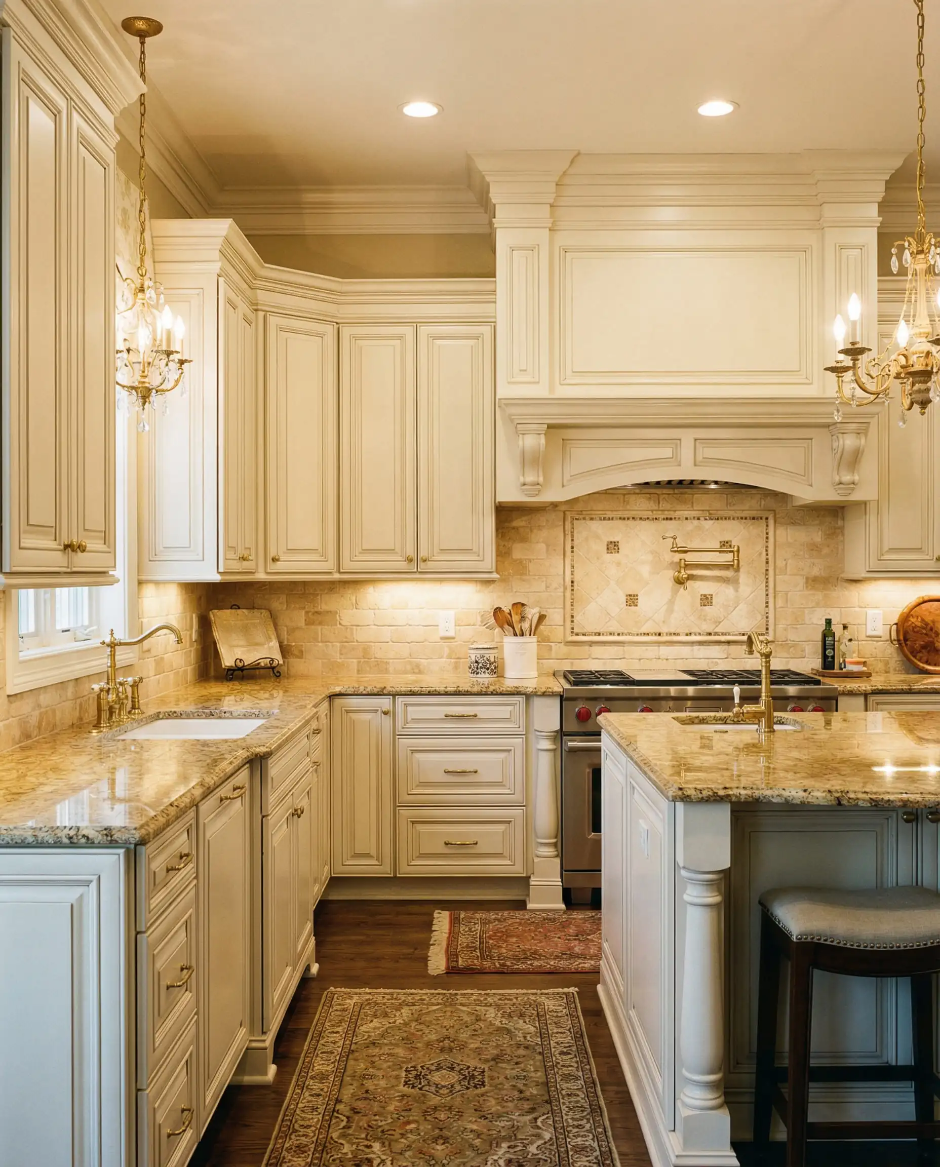 Traditional kitchen with raised panel cabinets in Sherwin-Williams Alabaster SW 7008 and brass hardware.