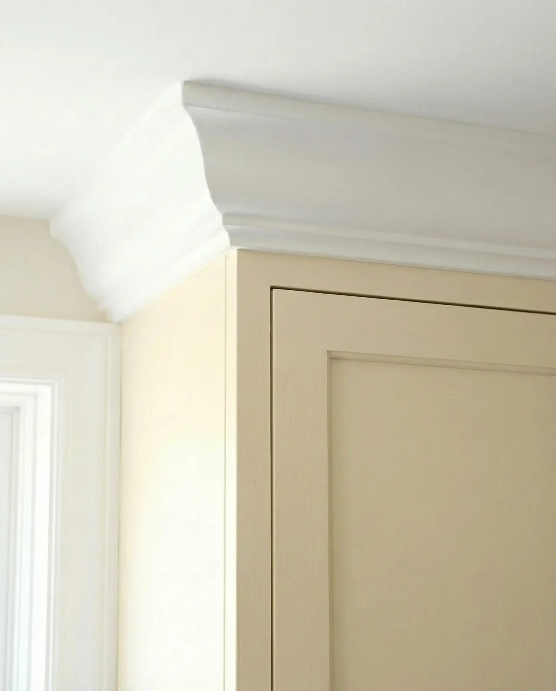 Close up comparison of Sherwin-Williams Alabaster cabinetry against a bright white ceiling showing creamy yellow undertones.