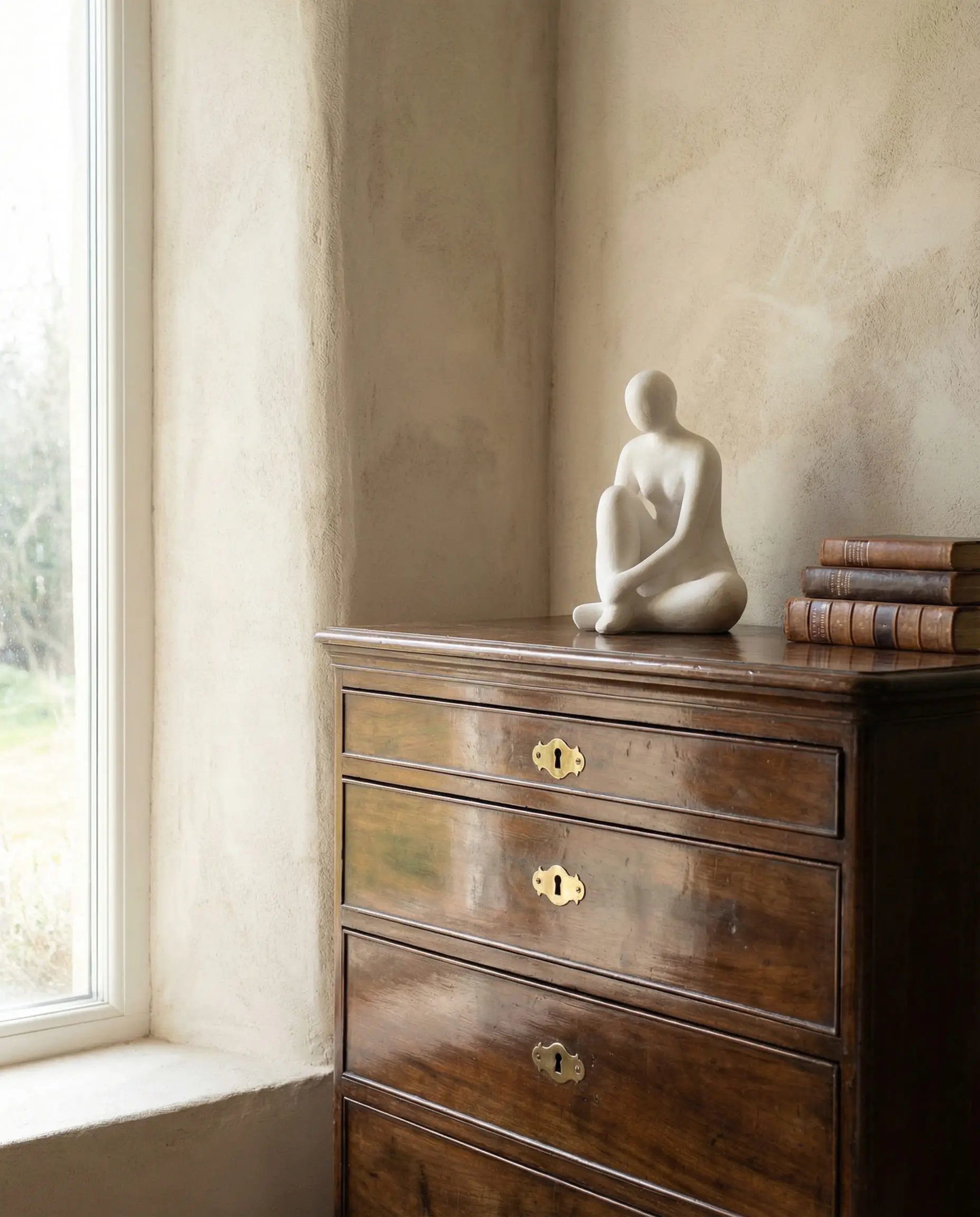 Dark antique wooden chest against a modern beige limewash wall.