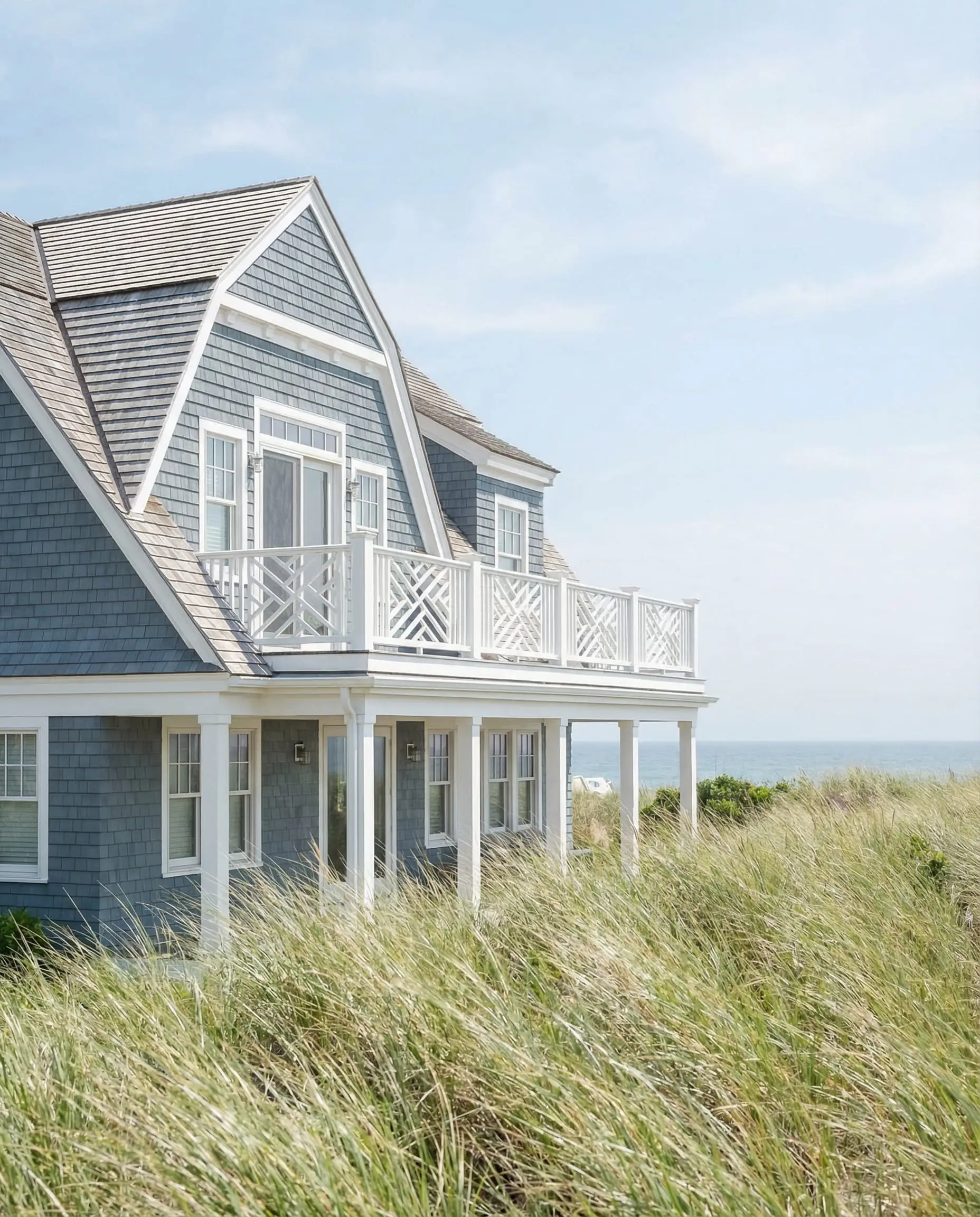Hamptons style shingle home painted in Behr Adirondack Blue (slate blue) with white trim and dune grasses in the foreground.