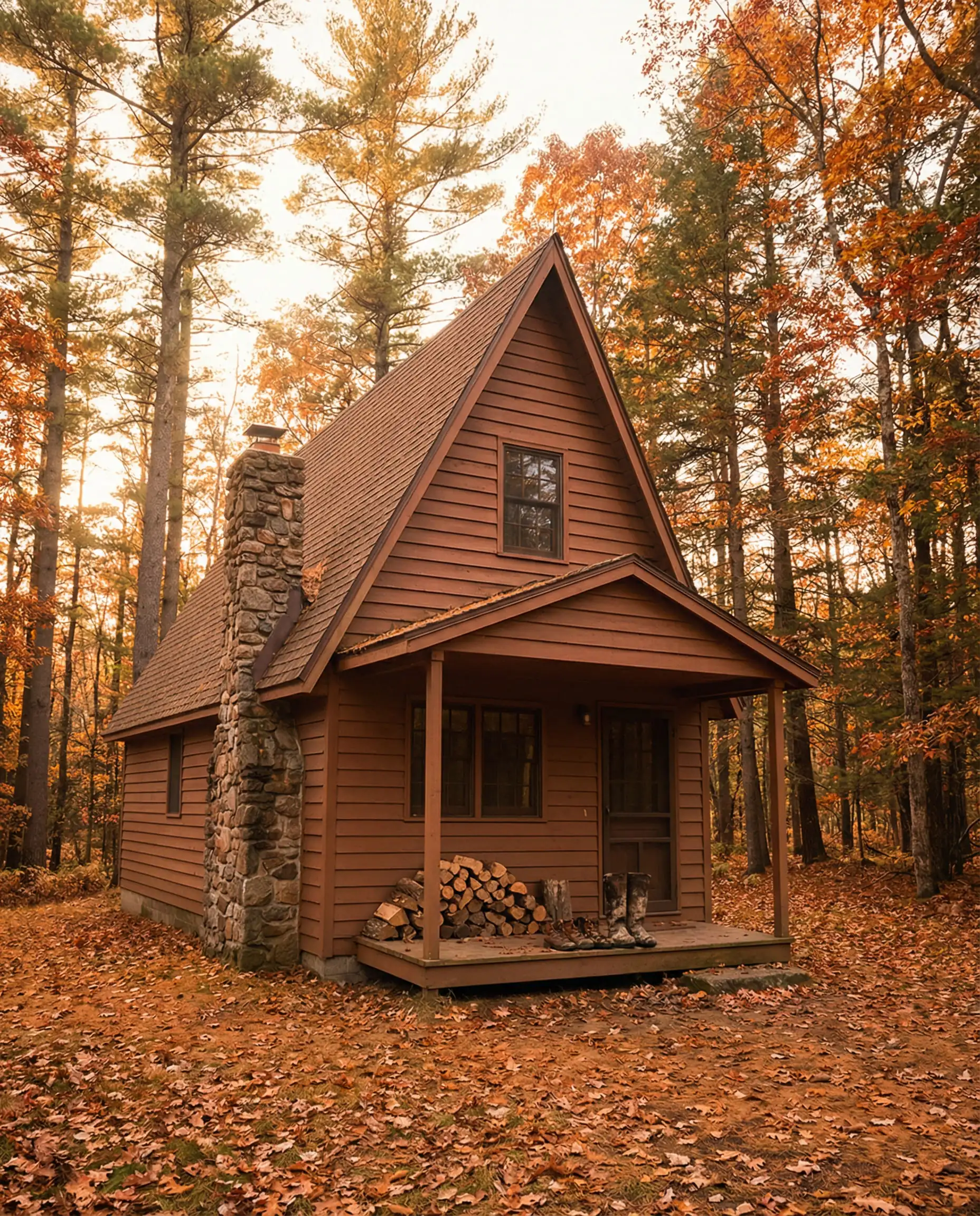 A-frame cabin in an autumn forest with horizontal wood siding painted Behr Baked Sienna (reddish brown) and a stone chimney.