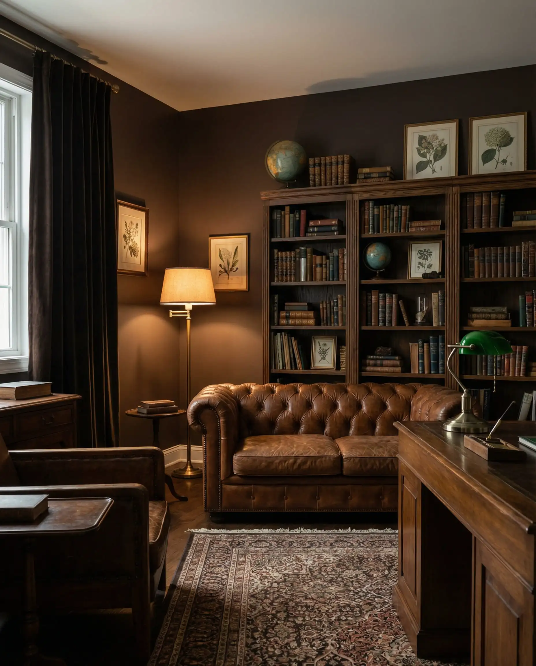 Cozy study room with walls painted in Behr Baronial Brown and leather chesterfield sofa.
