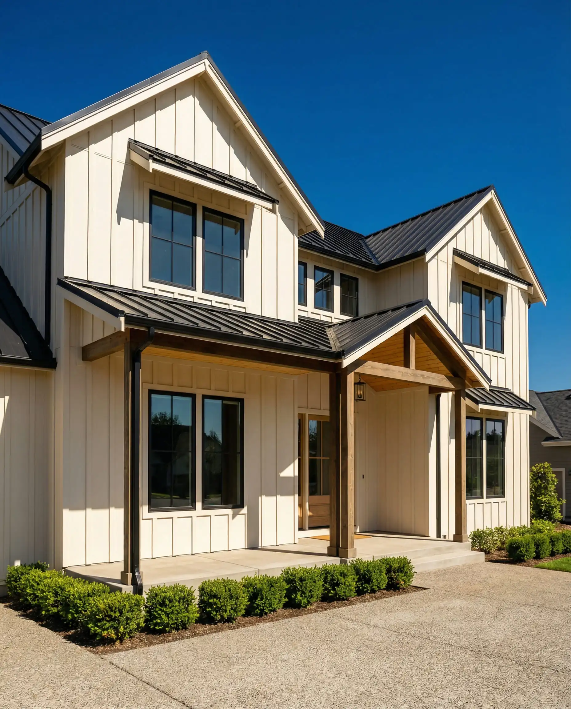 Modern Farmhouse with vertical board-and-batten siding painted in Behr Blank Canvas, black window frames, and a metal roof.
