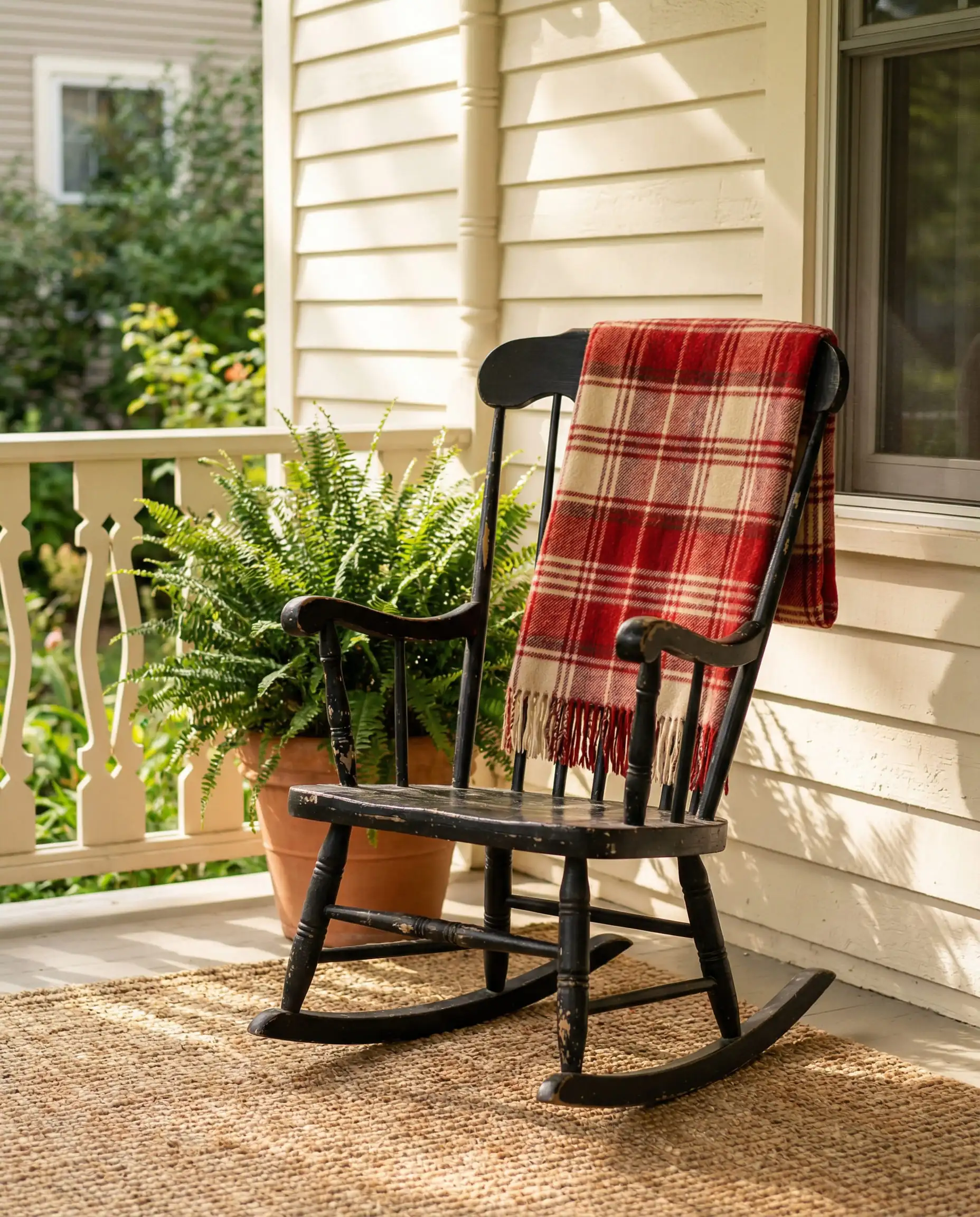 Close up of a traditional front porch with clapboard siding painted Behr Blank Canvas, featuring a black rocking chair and jute rug.