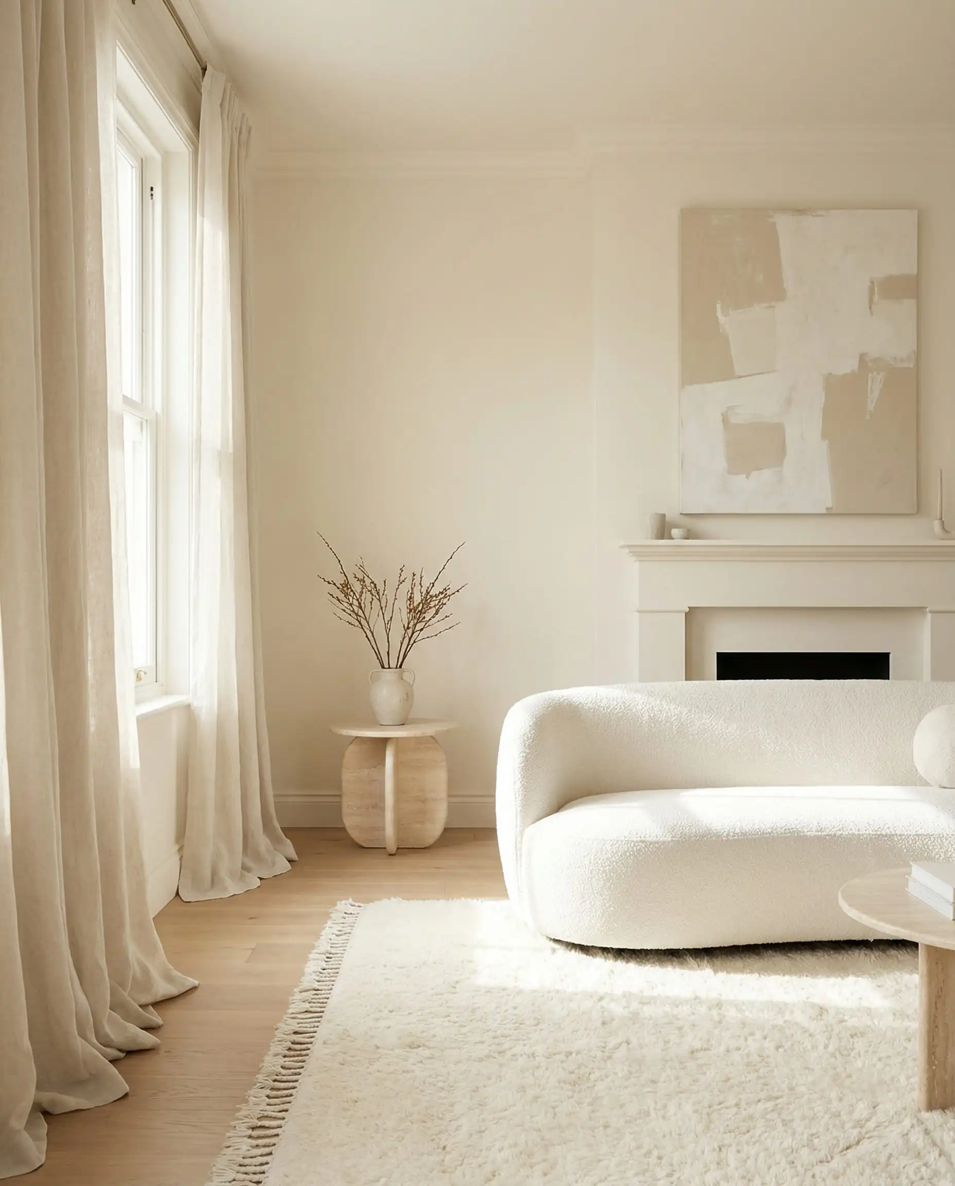 Serene minimalist living room with walls painted in Behr Blank Canvas warm white and creamy neutral decor.