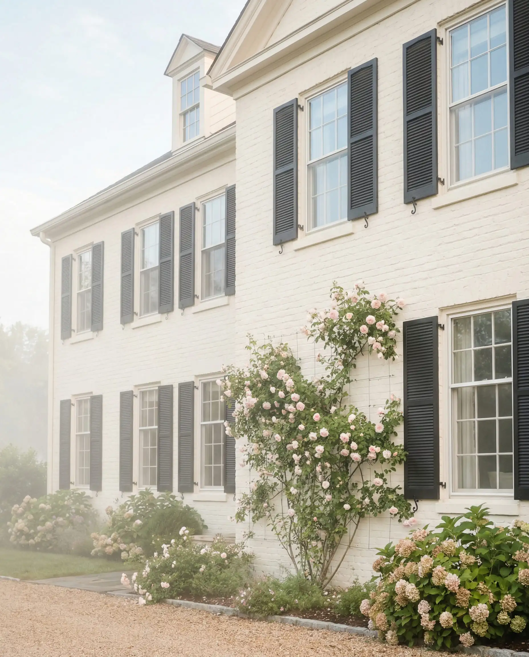 Two-story Georgian home with whitewashed brick painted in Behr Blank Canvas (warm white) featuring black shutters and climbing roses.