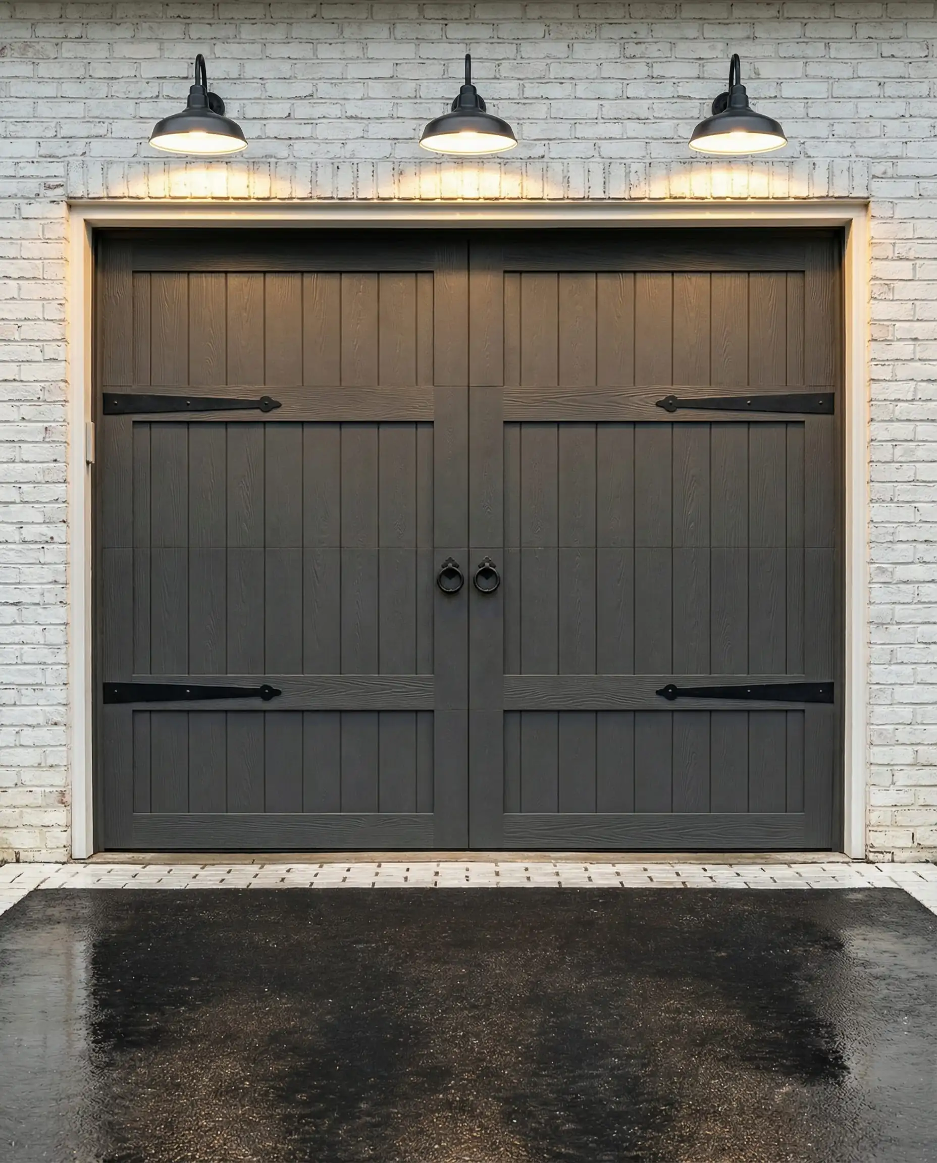 Double car carriage garage door painted Behr Cracked Pepper with black iron hardware and gooseneck lights at dusk.