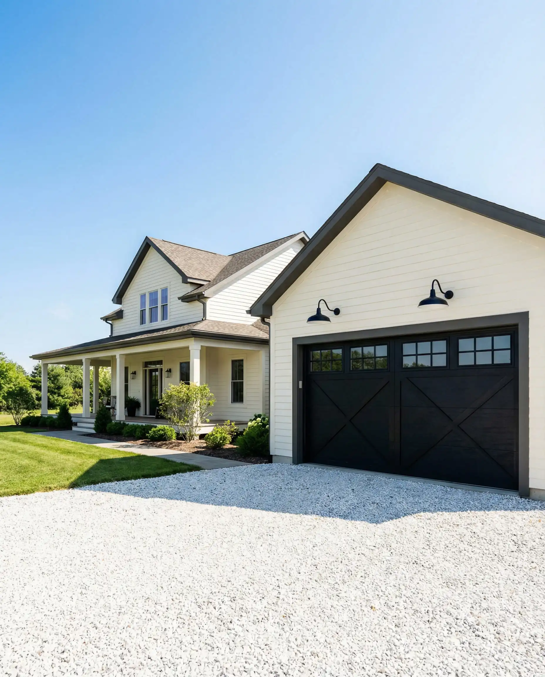 White Modern Farmhouse featuring a detached garage and fascia boards painted in Behr Cracked Pepper for high contrast.