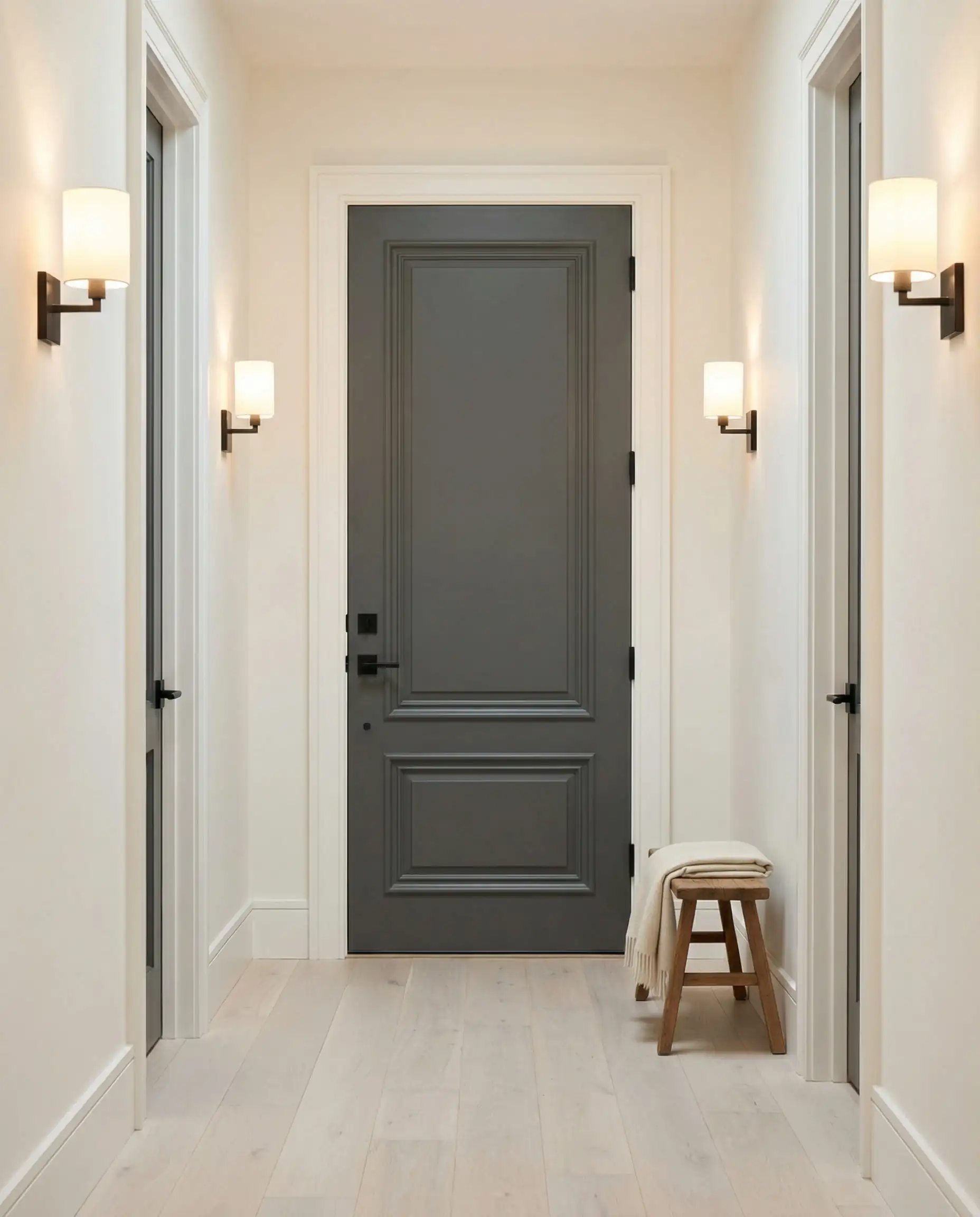 Hallway featuring a statement interior door painted in Behr Cracked Pepper soft black against white walls.