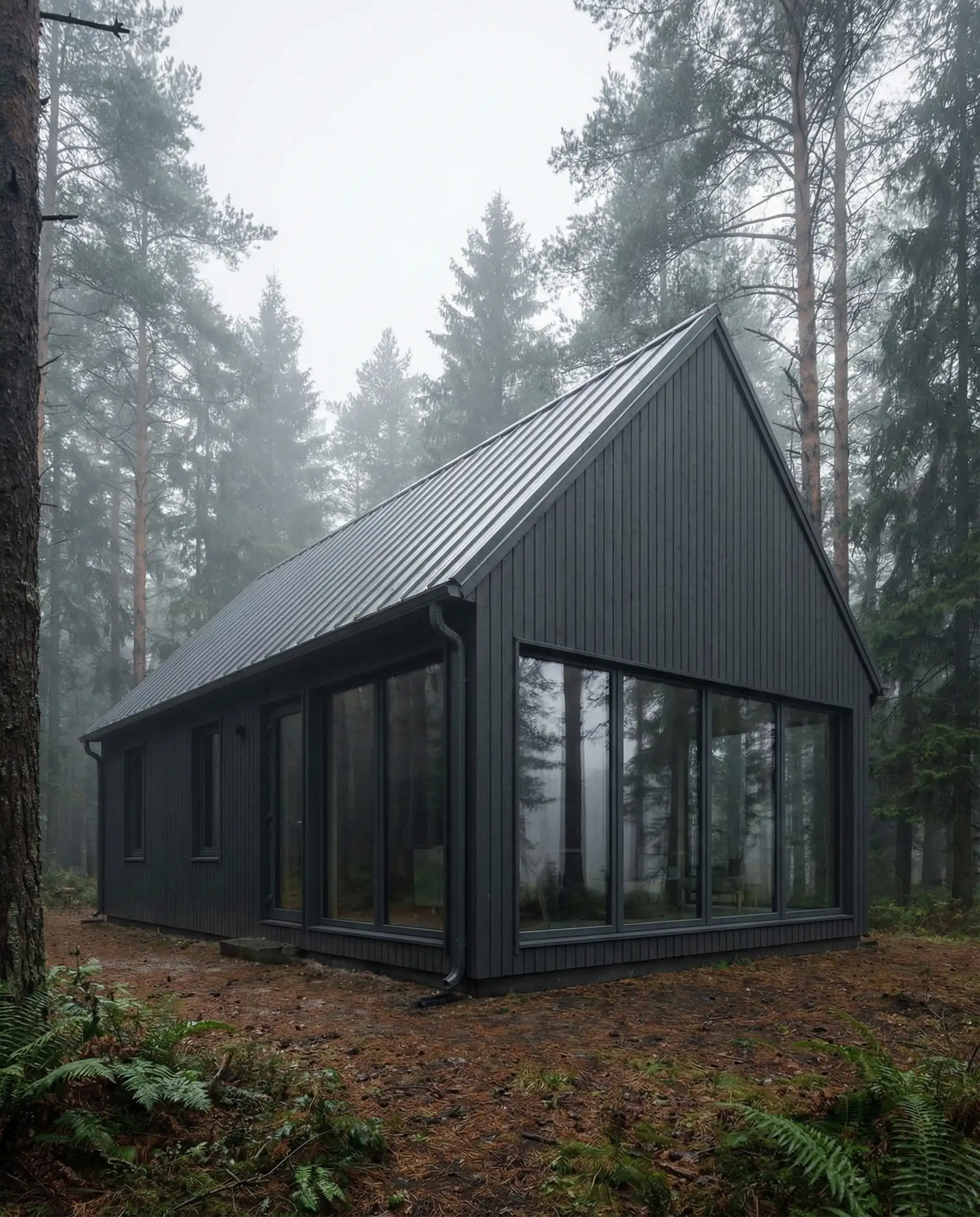 Modern Nordic-style cabin in a pine forest painted entirely in Behr Cracked Pepper (soft black) with large glass windows.