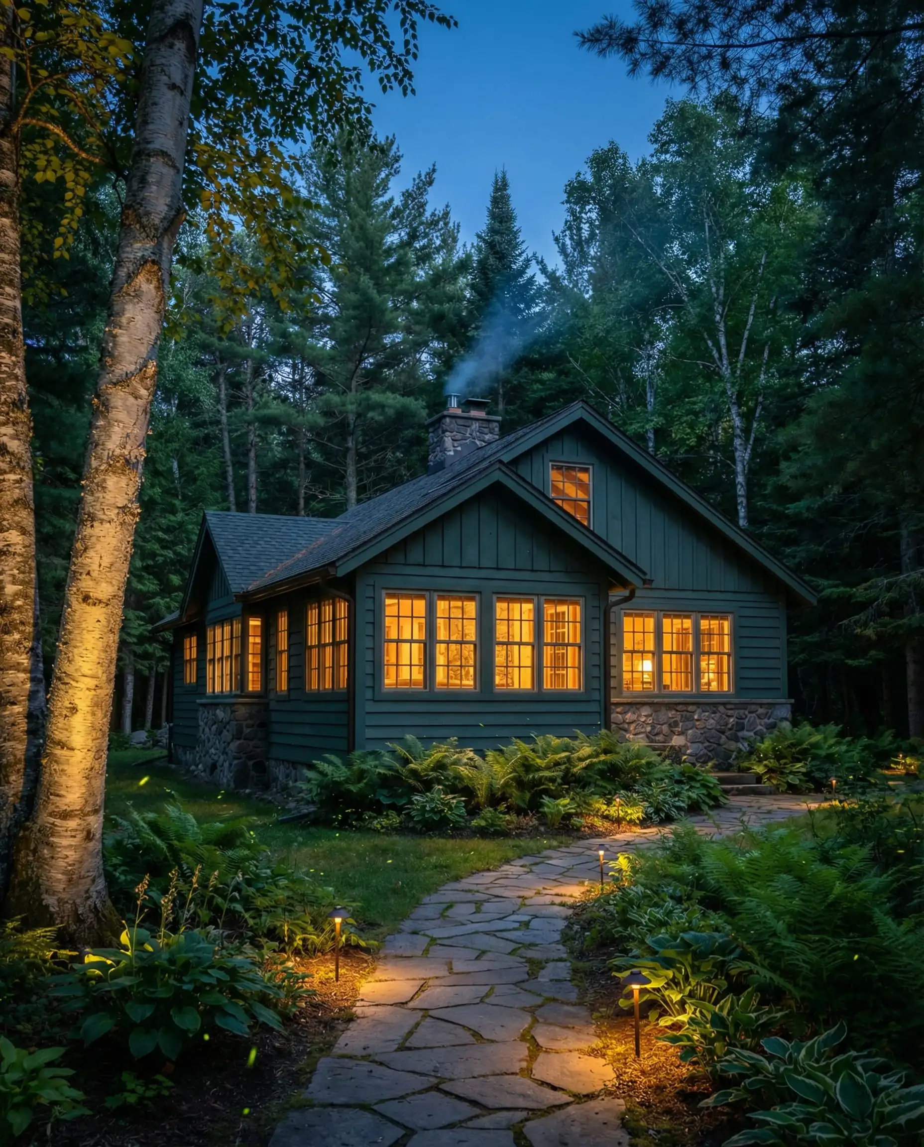 Evening shot of a small forest cottage painted in Behr Hidden Gem, looking deep forest green in low light with glowing warm windows and landscape lighting.