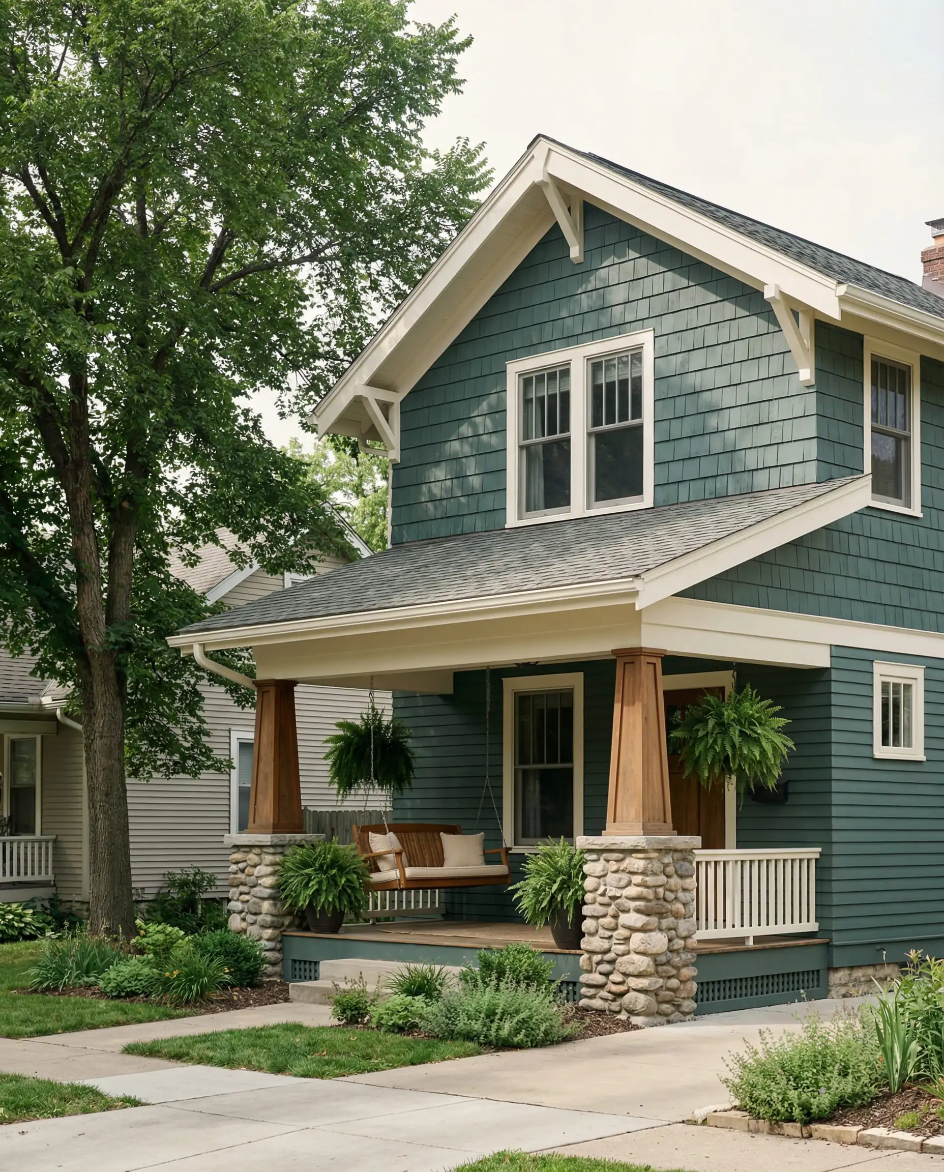 Exterior of a 1920s Craftsman bungalow painted in Behr Hidden Gem (teal green) with Swiss Coffee trim, featuring cedar shake siding and stone pillars under overcast lighting.