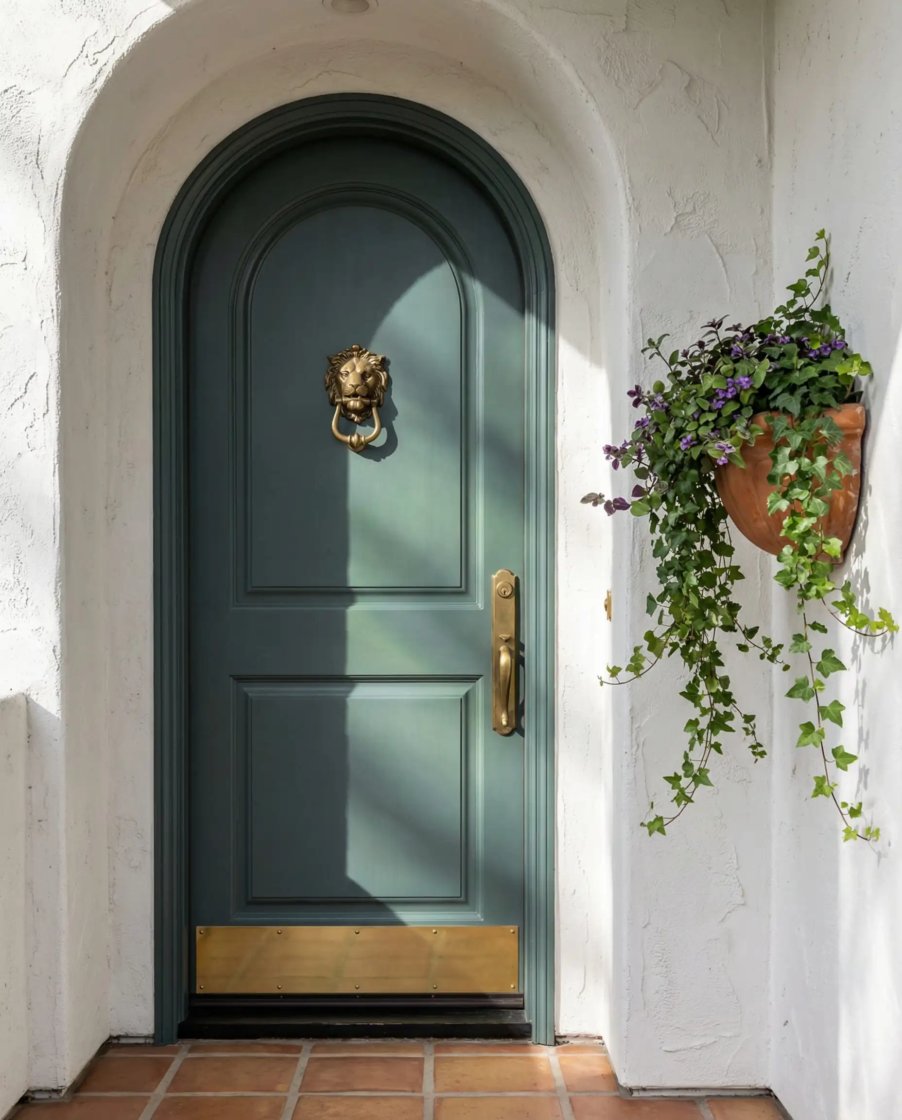 Arched front door painted in Behr Hidden Gem teal with brass hardware, set against a white hand-troweled stucco wall with a terracotta planter.