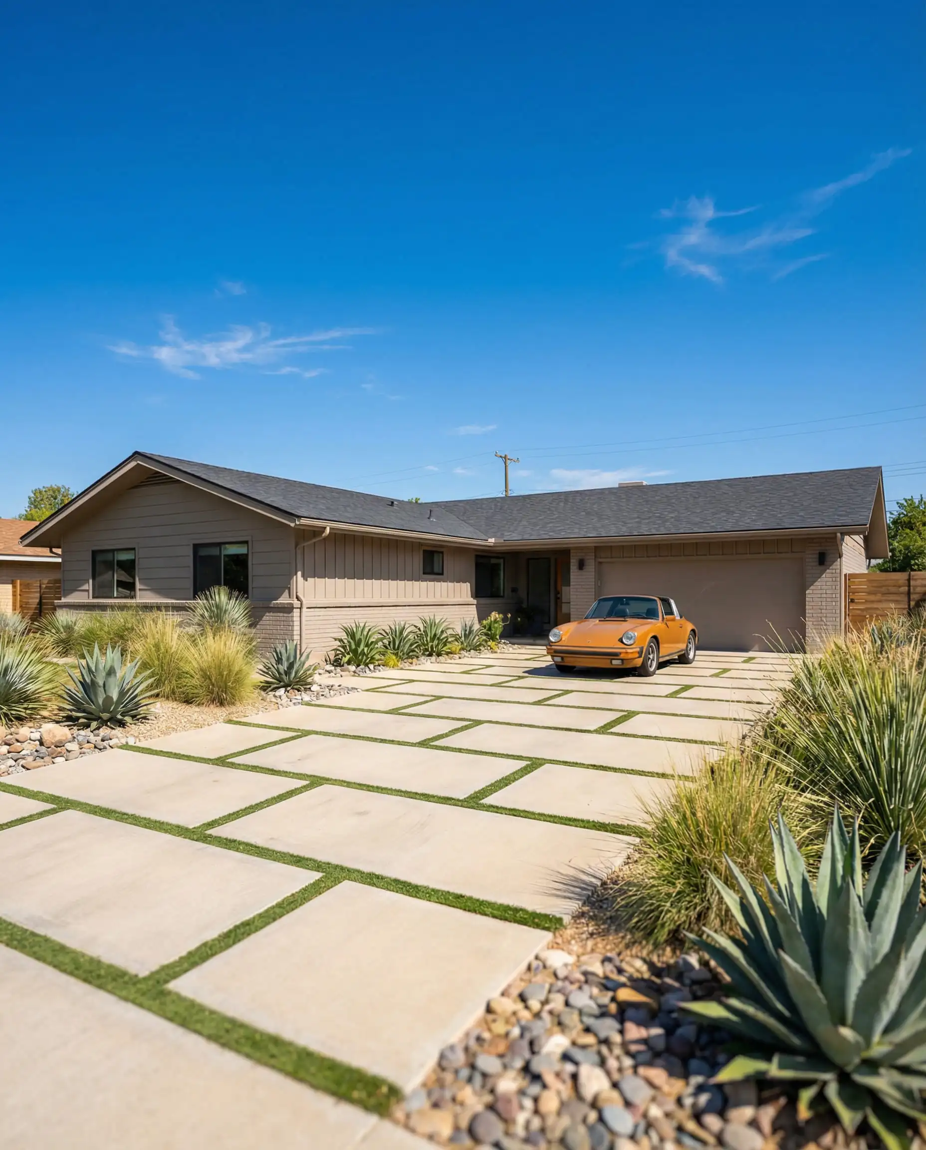 Sprawling Mid-Century Modern ranch home painted in Behr Mocha Ice (warm taupe) with a charcoal roof and xeriscape landscaping in bright sunlight.