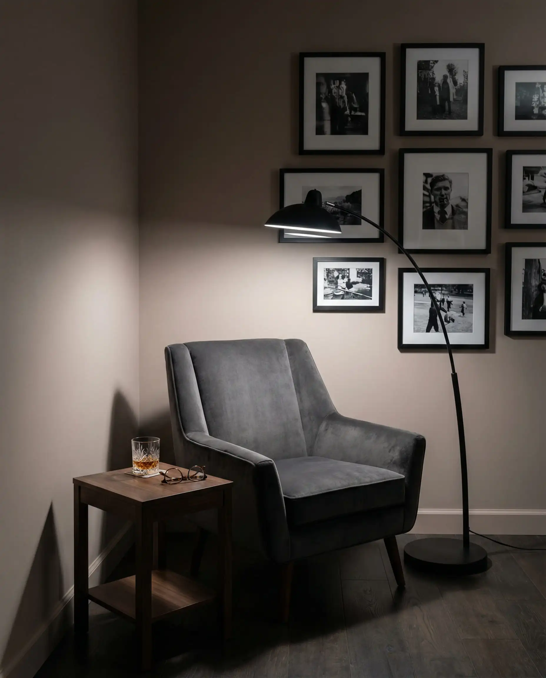 Masculine reading nook with walls painted in Behr Mocha Ice cool brown and charcoal velvet chair.