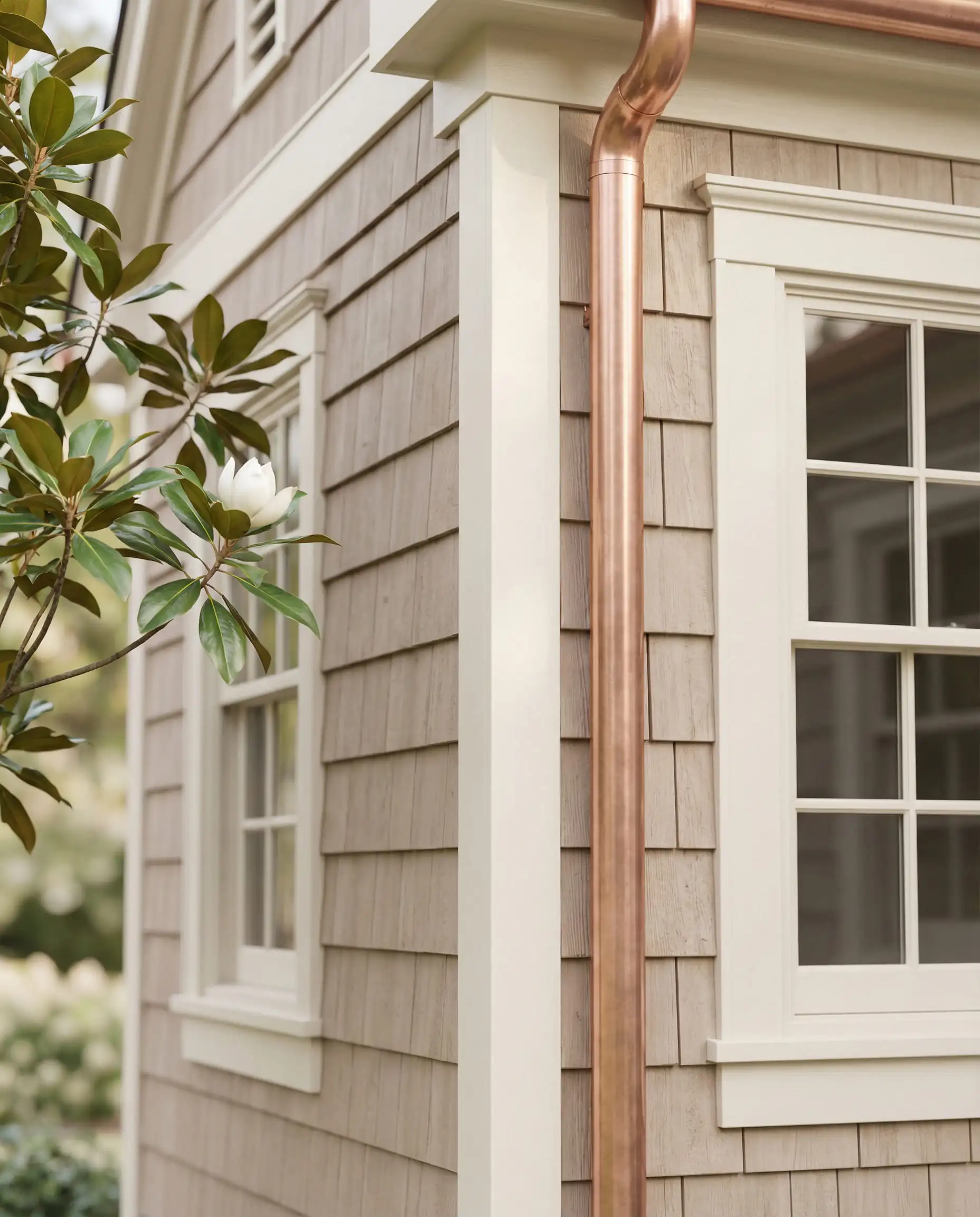 Corner detail of house exterior showing Behr Mocha Ice cedar shake siding paired with Behr Swiss Coffee window trim and copper gutters.