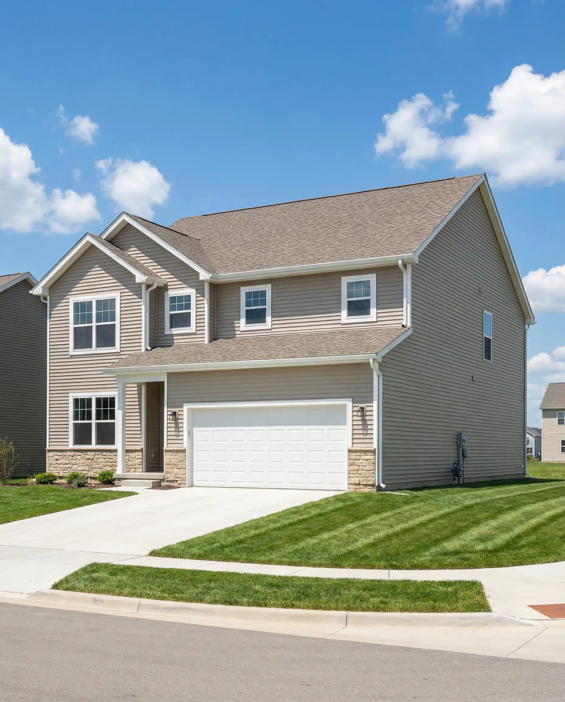 Two-story suburban home with vinyl siding painted Behr Spanish Sand (greige), white garage door, and manicured lawn against a blue sky.
