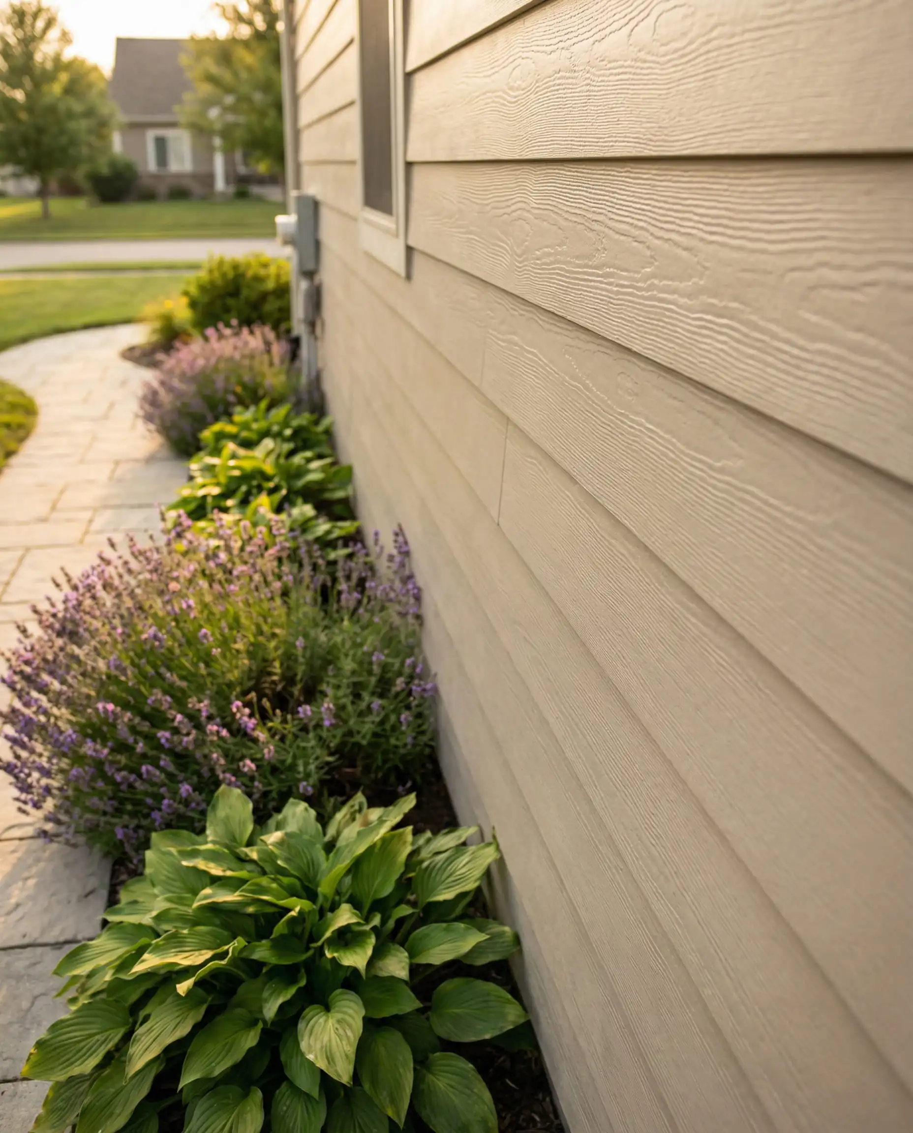 Angled view of horizontal lap siding painted Behr Spanish Sand, blending naturally with green hostas and purple lavender in the garden.