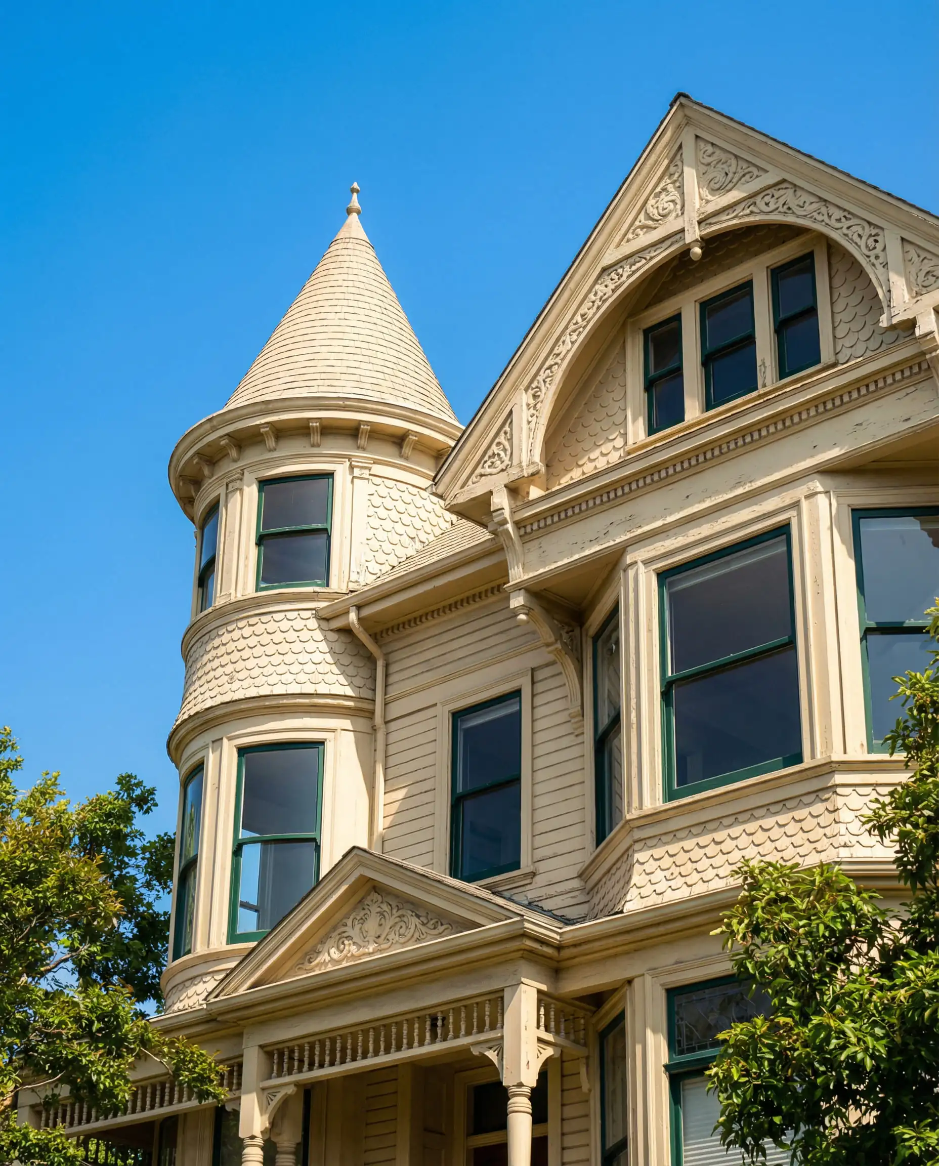 Queen Anne Victorian house exterior painted in Behr Swiss Coffee (creamy off-white) with green window sashes and fish-scale shingles.