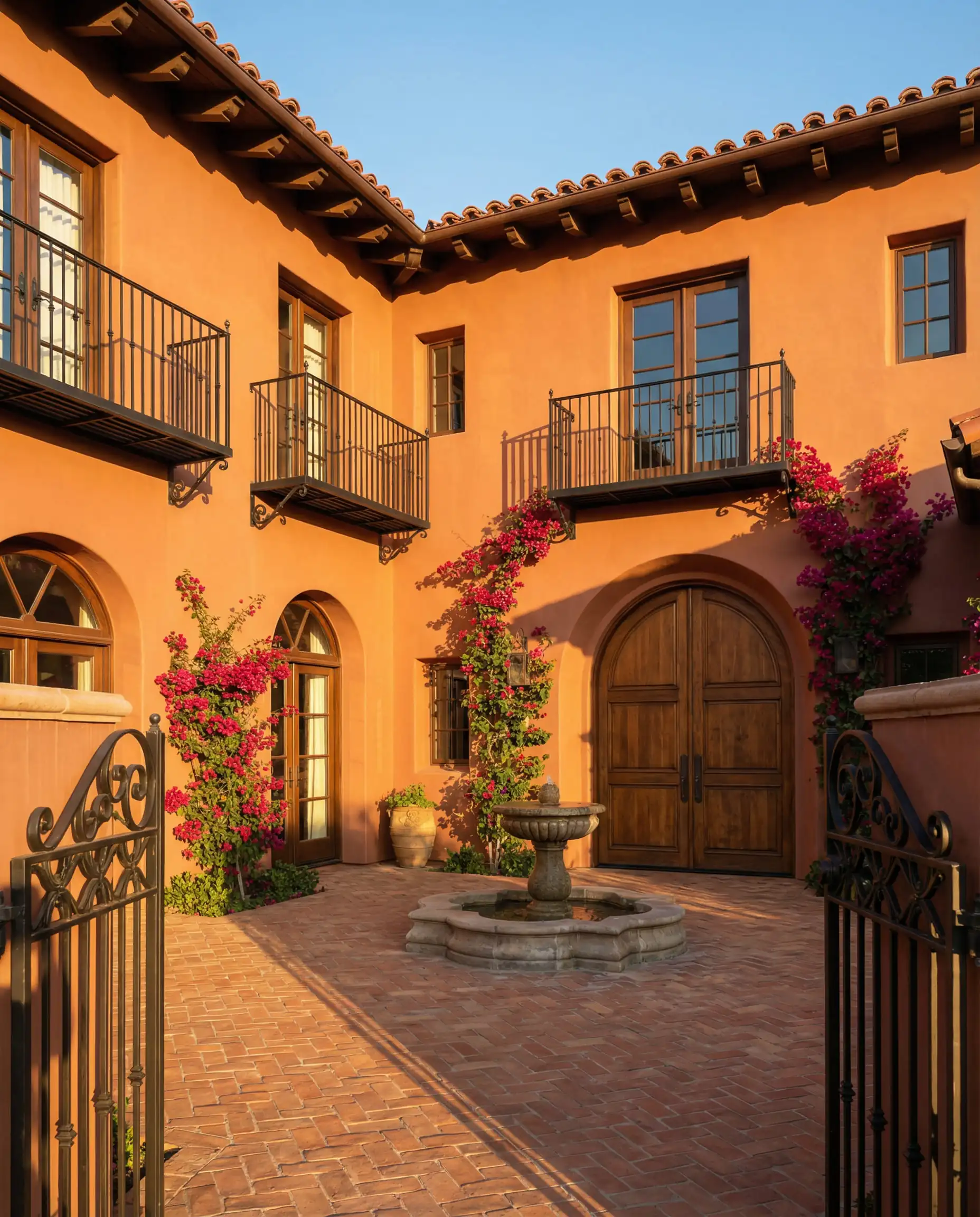 Spanish Colonial Revival estate with stucco walls painted in Behr Terra Cotta Urn (baked clay orange) with bougainvillea vines and a red tile roof.