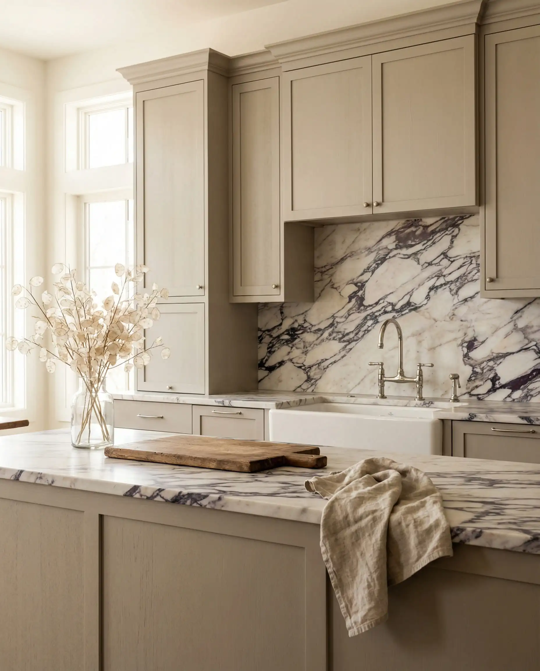 Modern farmhouse kitchen featuring shaker cabinets painted in Behr Wheat Bread warm greige with marble countertops.