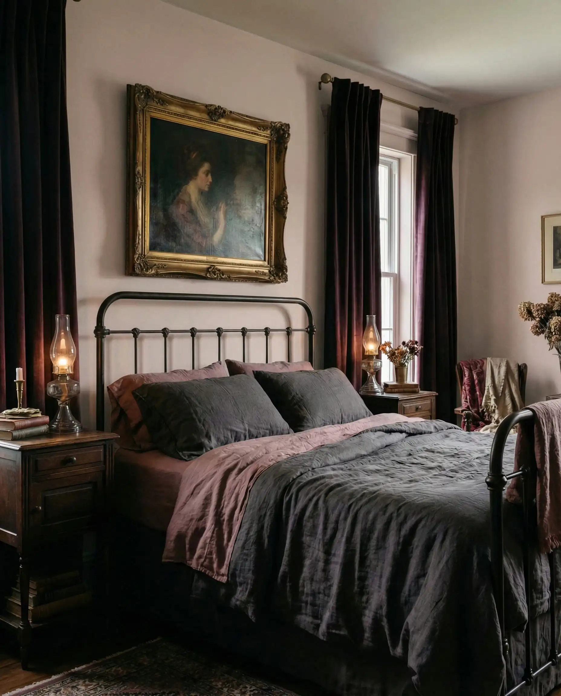 Romantic guest bedroom painted in Benjamin Moore Batik AF-610 with antique iron bed.