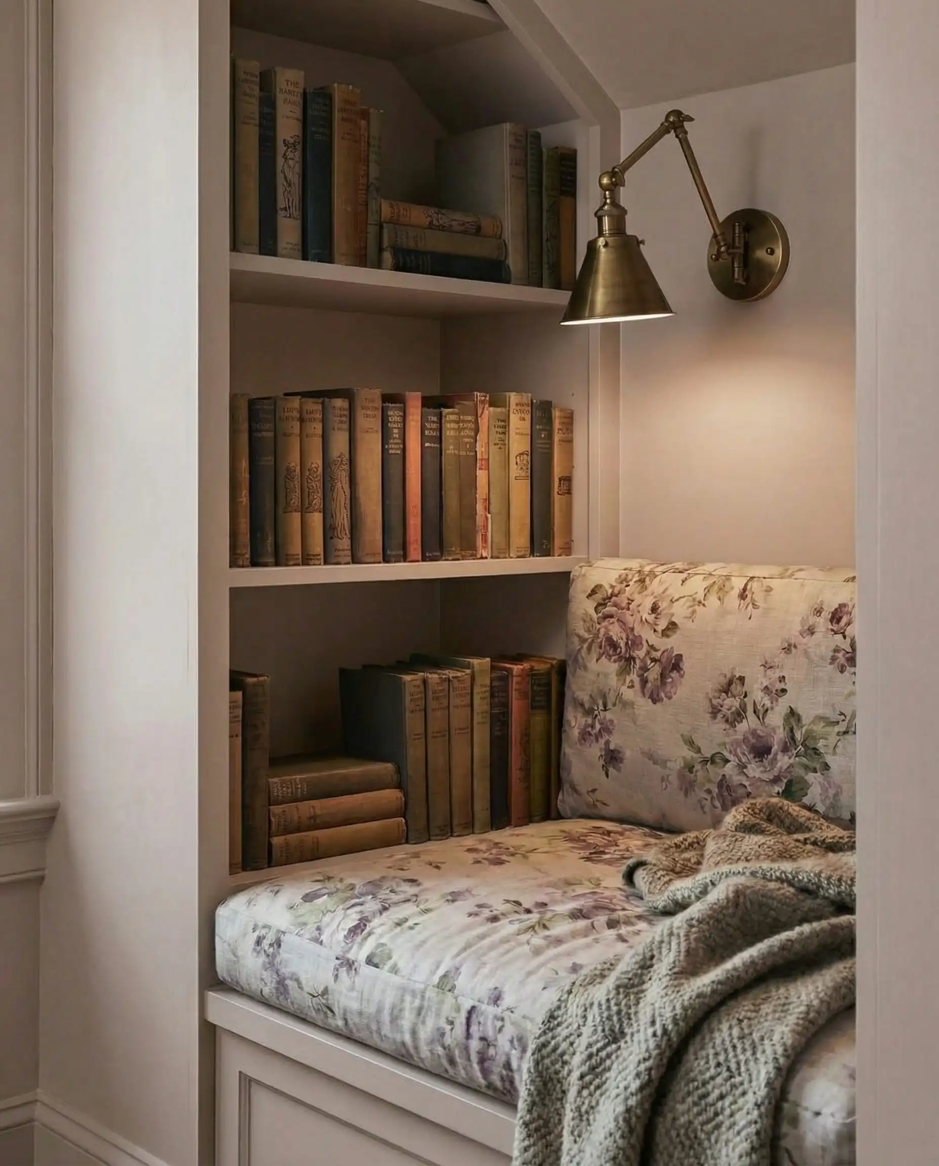 Cozy built-in reading nook painted in Benjamin Moore Batik AF-610 dusty violet with vintage books.