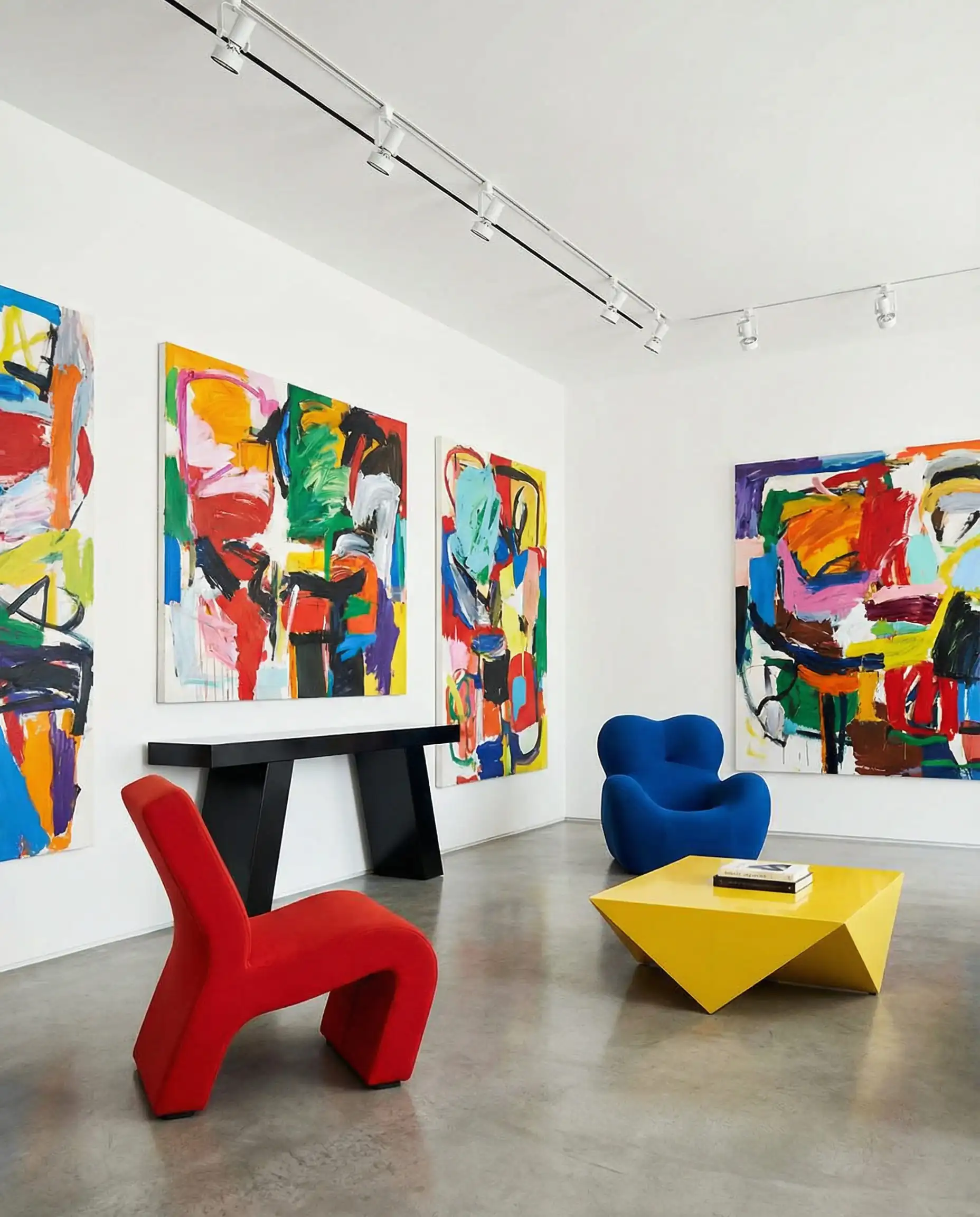 Art-collector living room with stark white Benjamin Moore Chantilly Lace walls and colorful art.