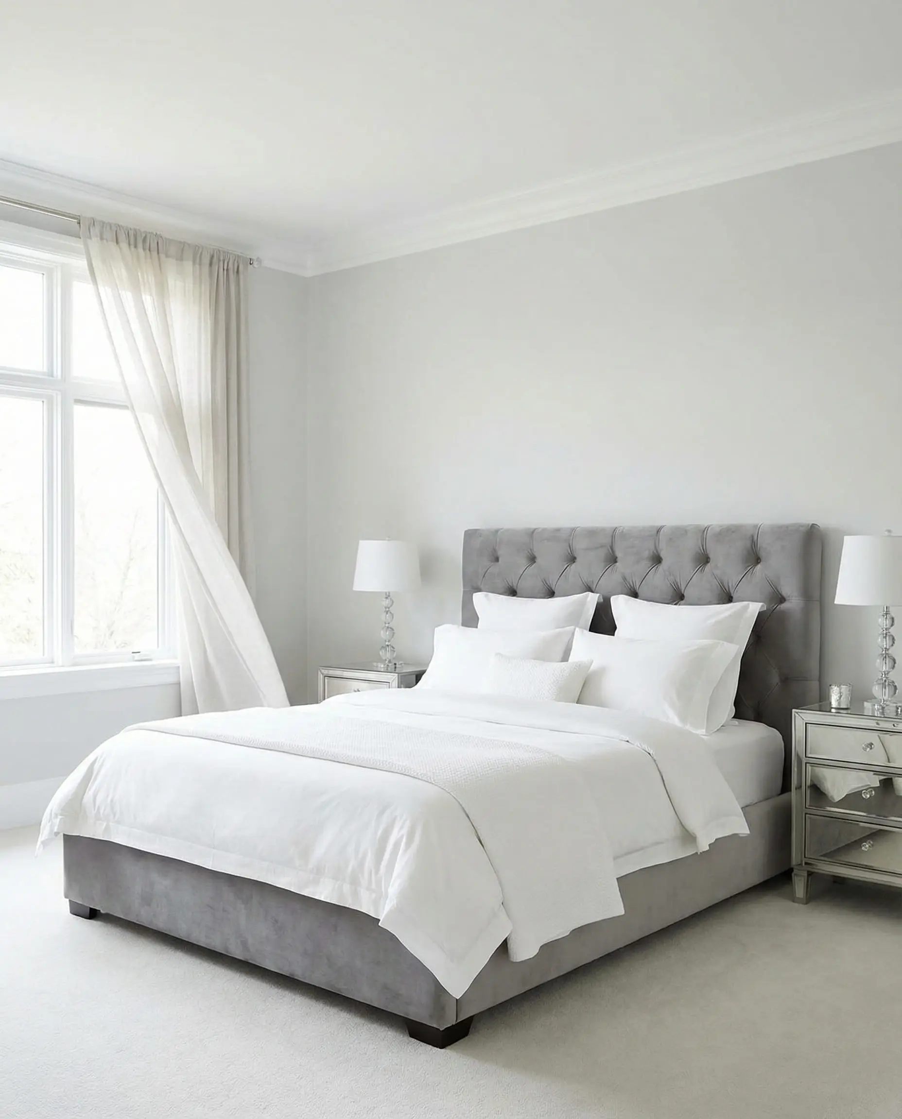 Minimalist bedroom featuring Benjamin Moore Classic Gray OC-23 walls and white bedding.