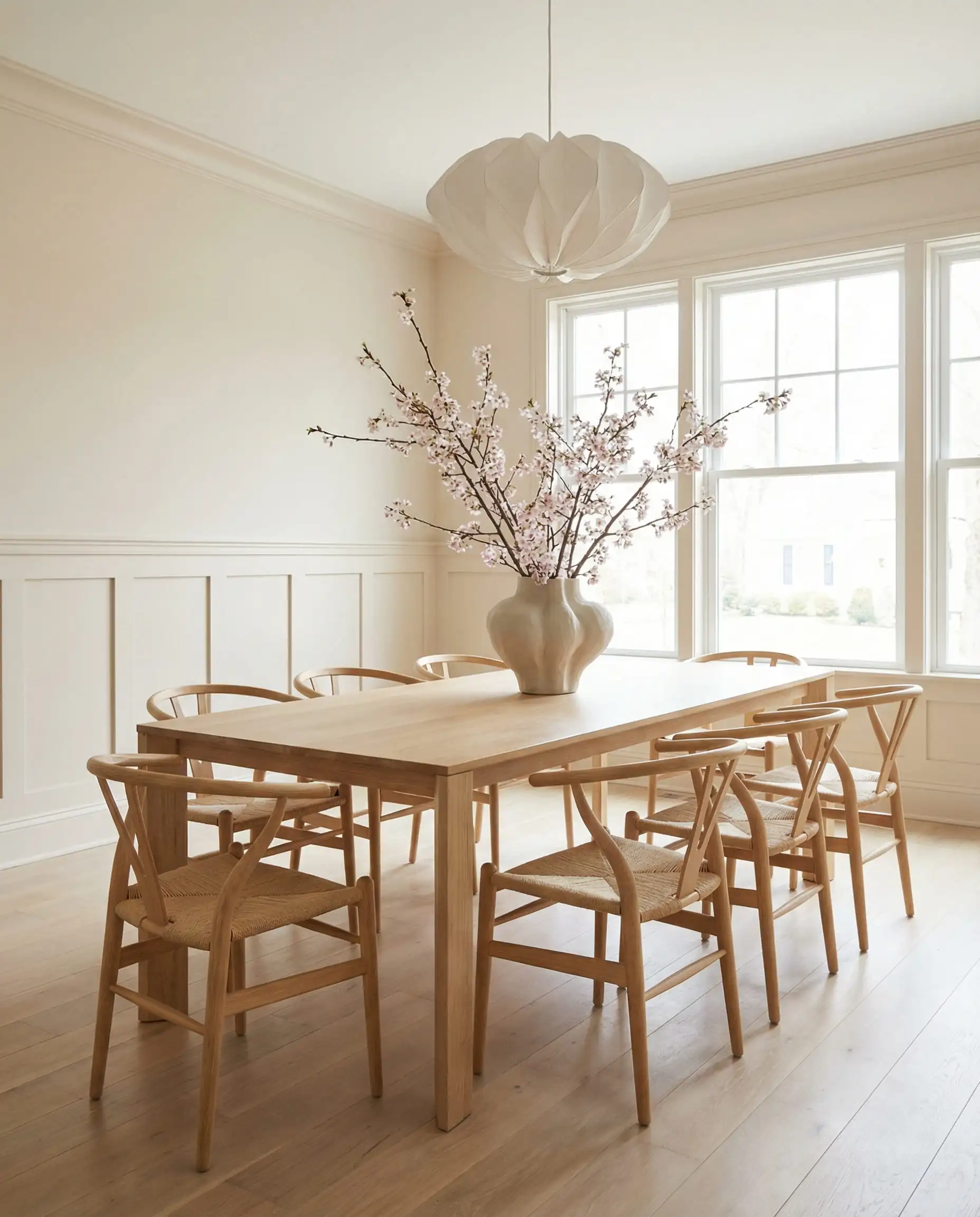 Scandi-romantic dining room with wainscoting painted in Benjamin Moore First Crush.