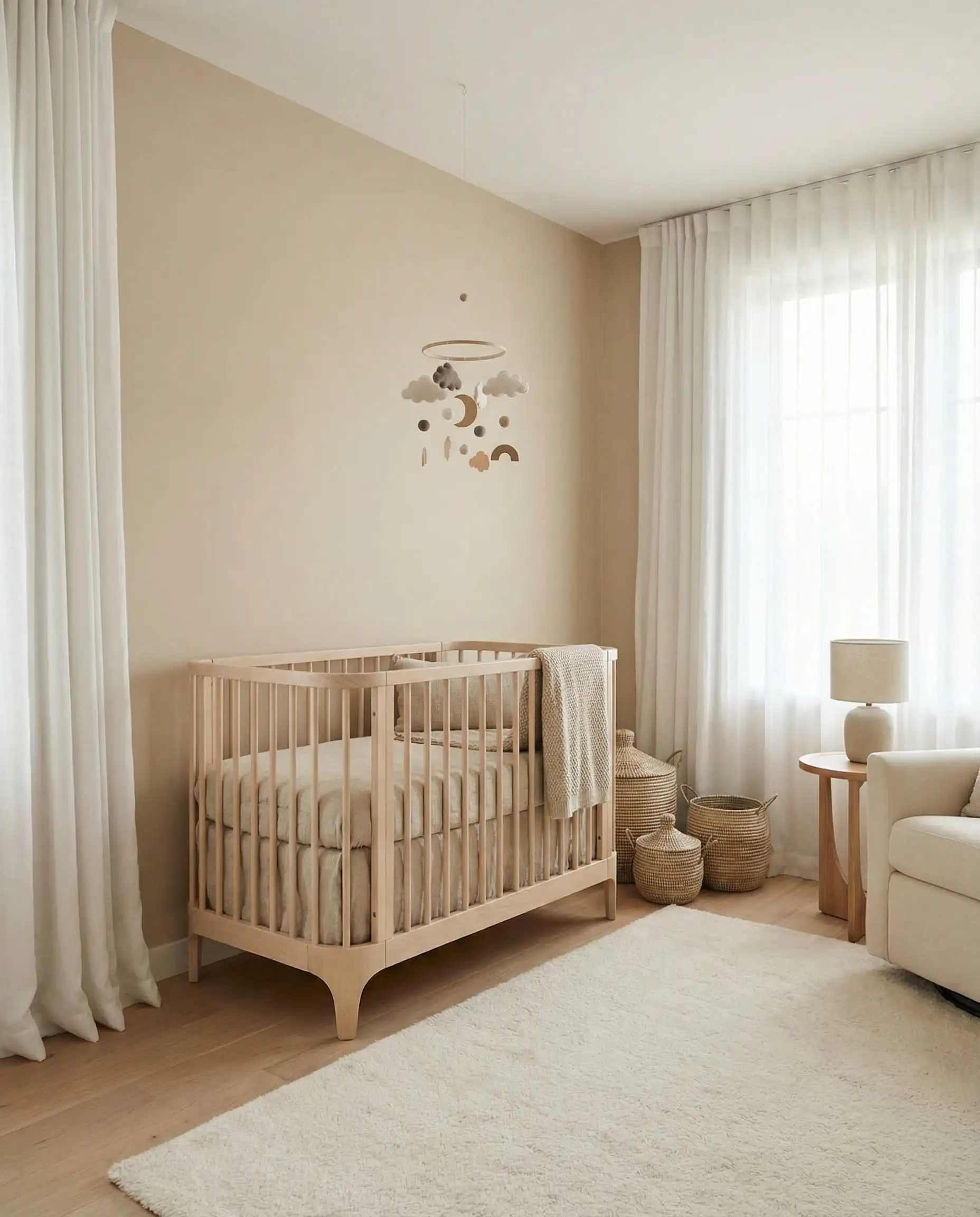 Sophisticated gender-neutral nursery painted in Benjamin Moore First Crush with linen curtains.