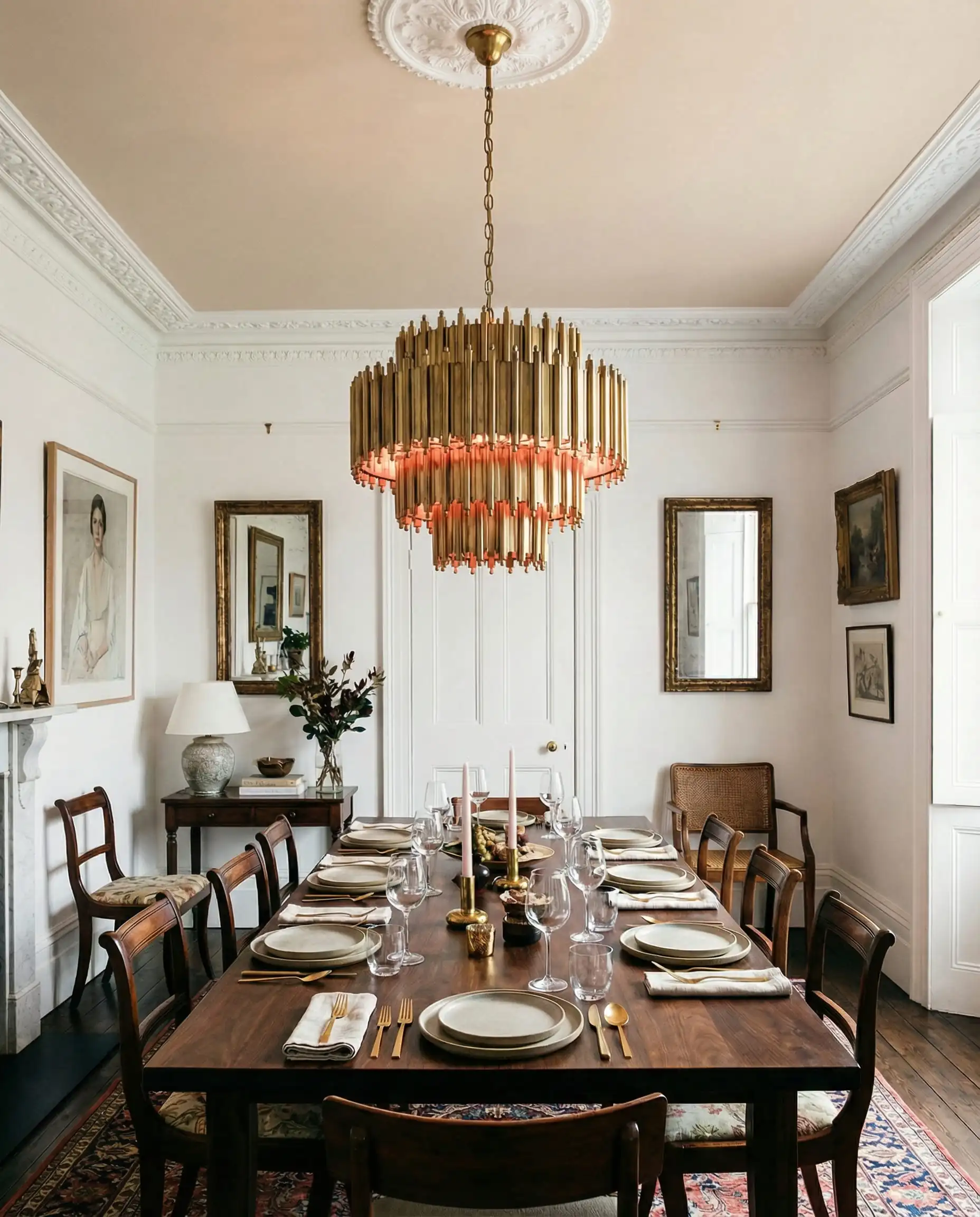 Dining room with ceiling painted in Benjamin Moore First Crush CSP-310 blush pink with brass chandelier.