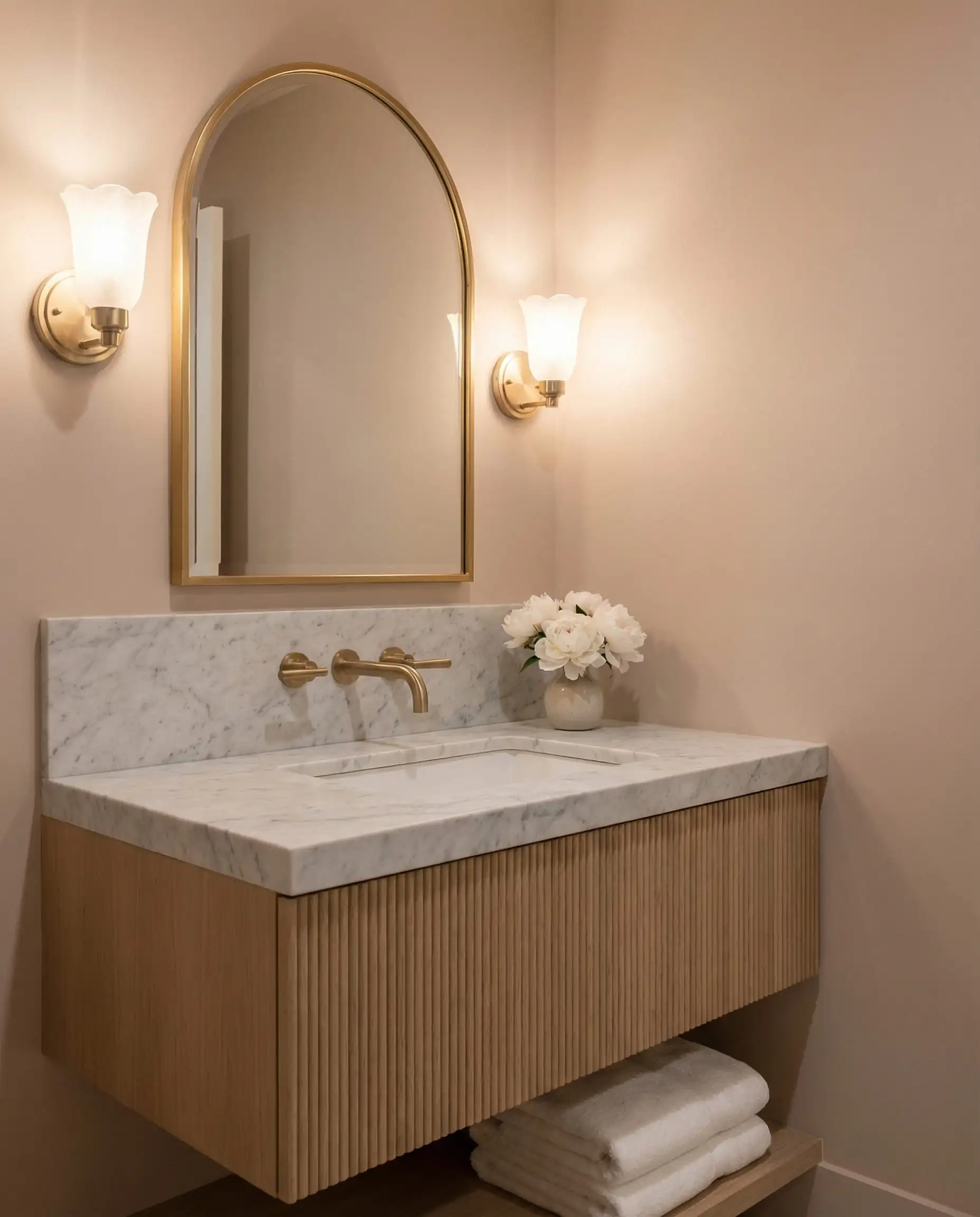 Luxury powder room painted in Benjamin Moore First Crush with fluted oak vanity and brass sconces.