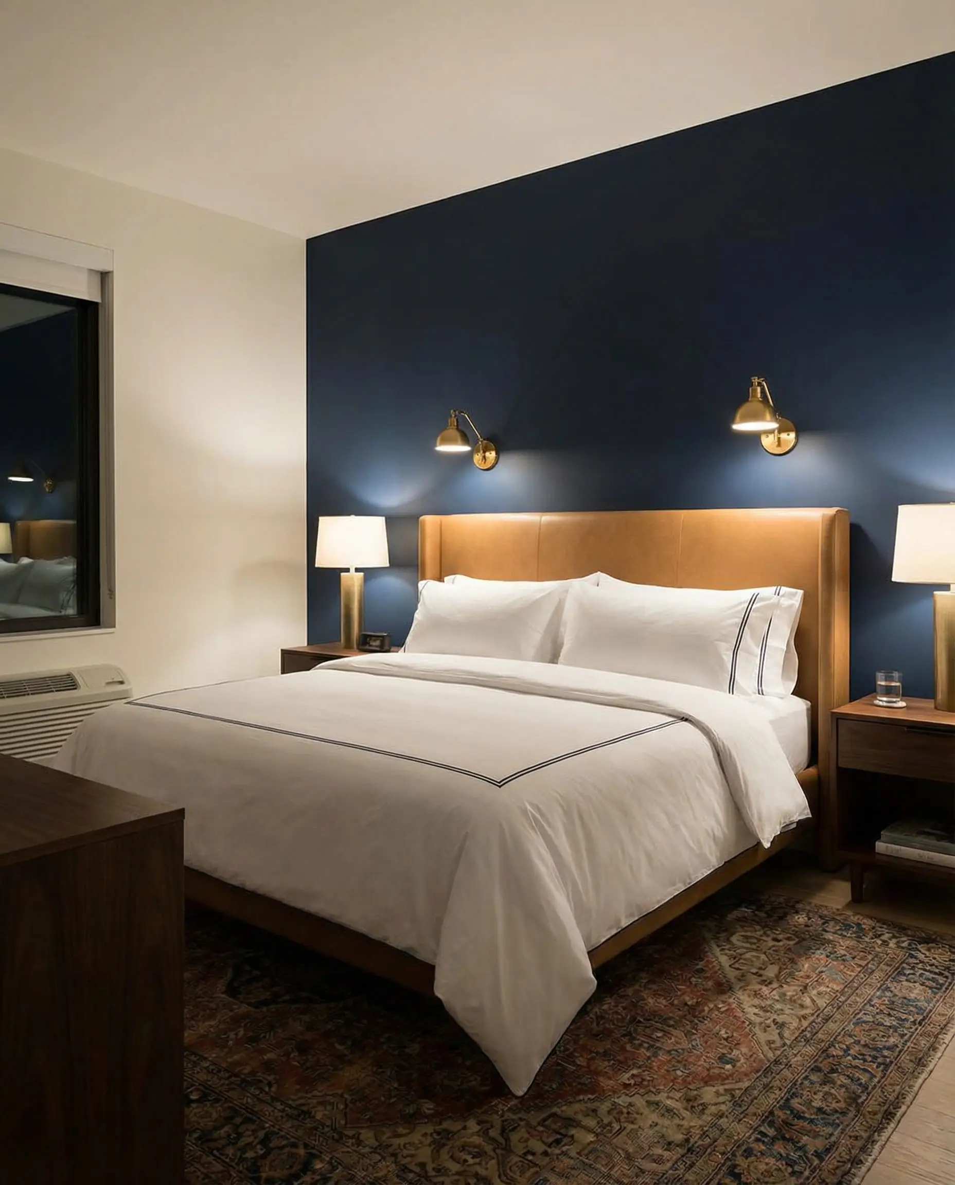 Bedroom featuring a dramatic accent wall painted in Benjamin Moore Hale Navy HC-154.